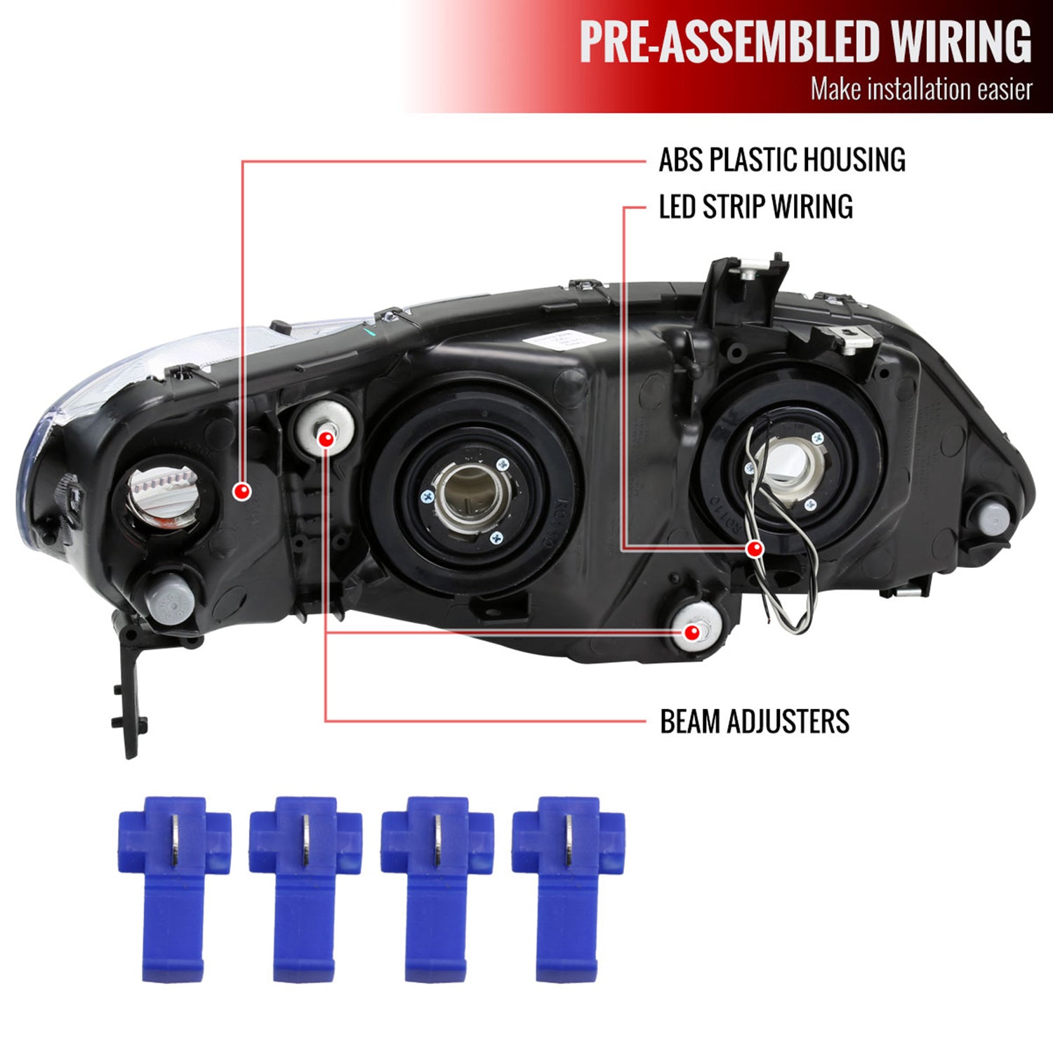 2006-2011 Honda Civic 4DR Sedan Factory Headlights LED Strip Matt Black/Clear