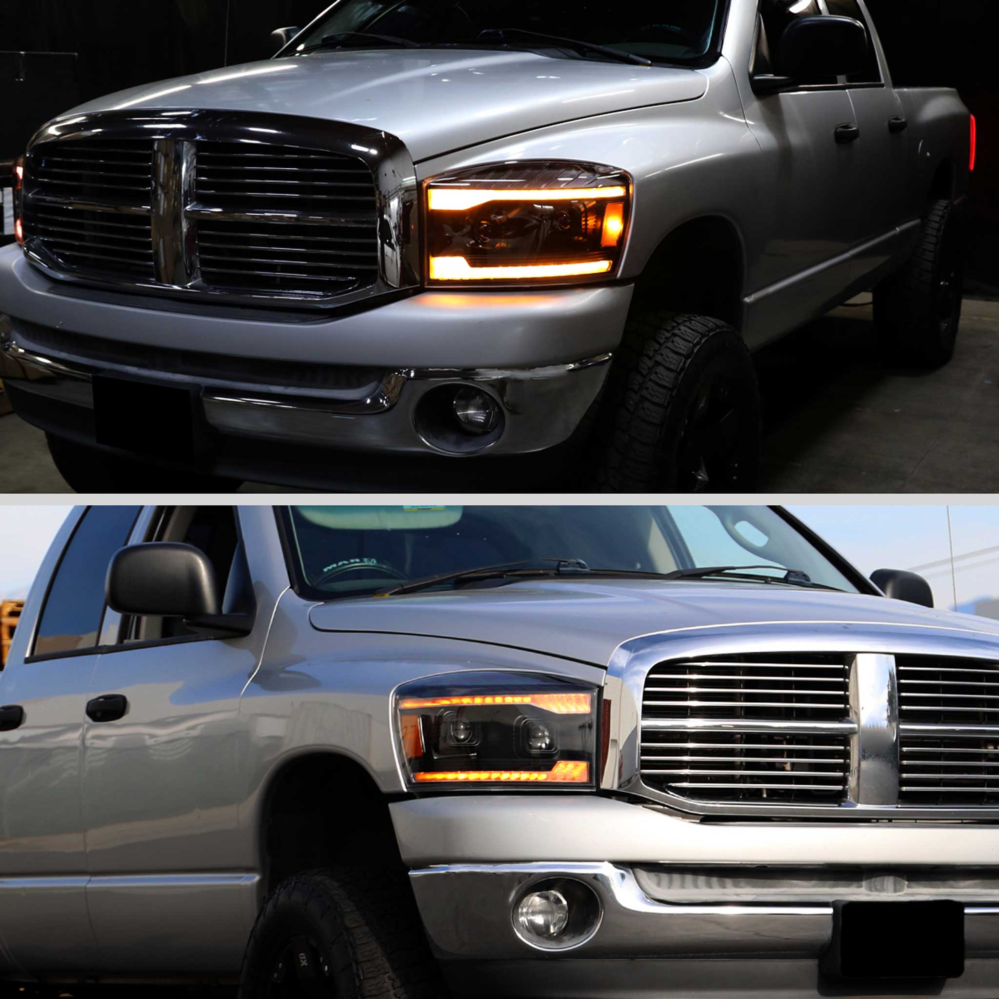 For Dodge RAM 1500 2006-08 / RAM 2500 3500 2006-09 Headlights Switchback Amber LED Strips Turn Signals DRL Black Housing Clear Lens