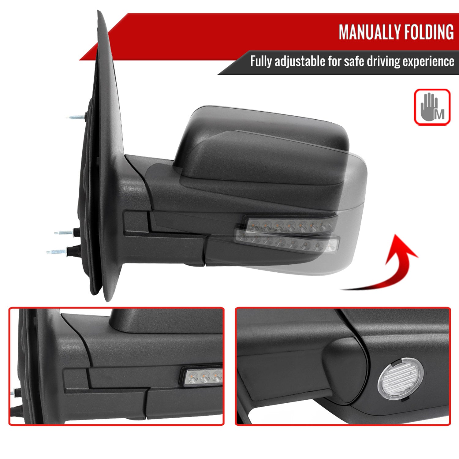 2007-2014 Ford F150 Black Heated Side Mirrors LED Turn Signal & Puddle Light