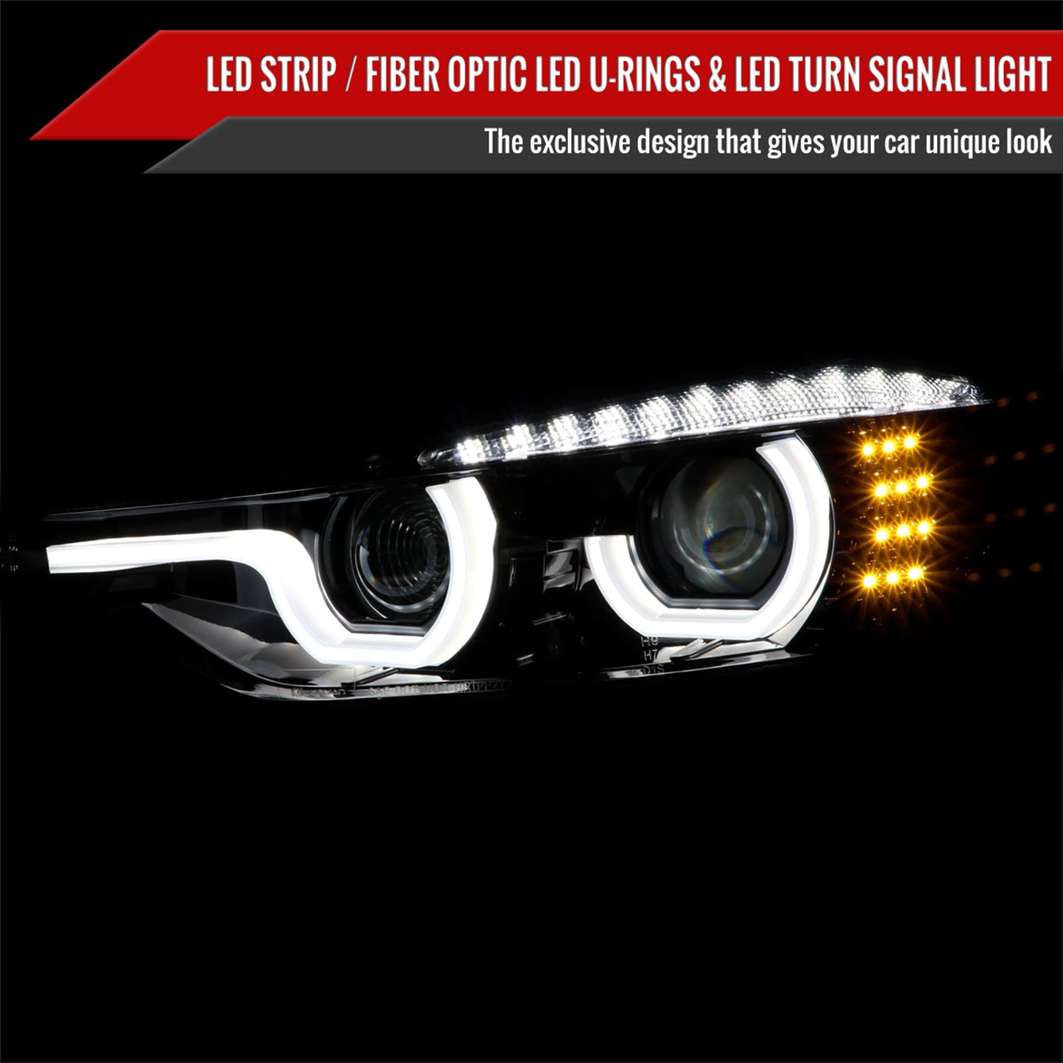 2012-2015 BMW F30 3 Series Sedan Dual U-Bar Headlights LED Signal Lights Jet Black