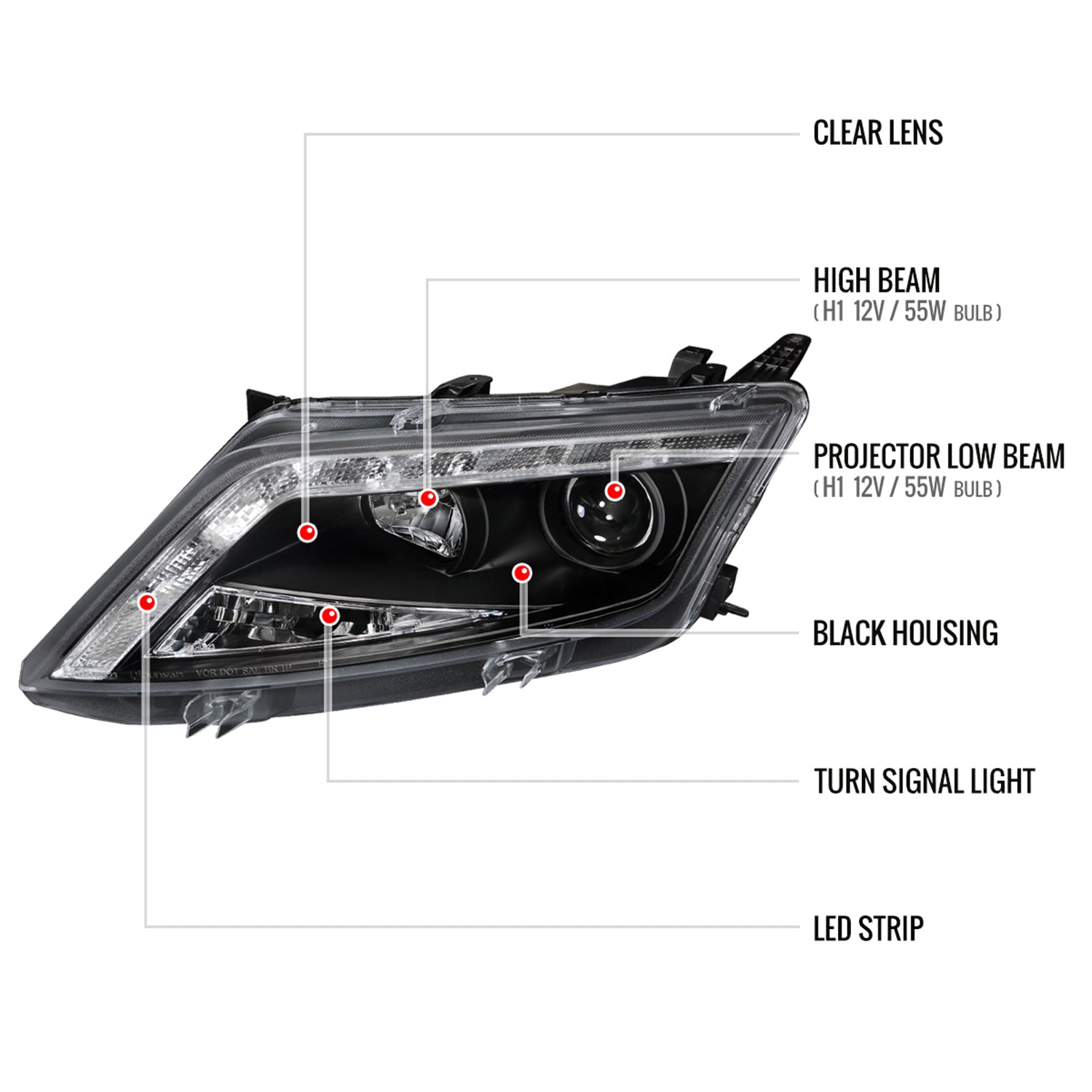 2010-2012 Ford Fusion Projector Headlights w/ LED Light Strip Matt Black/Clear