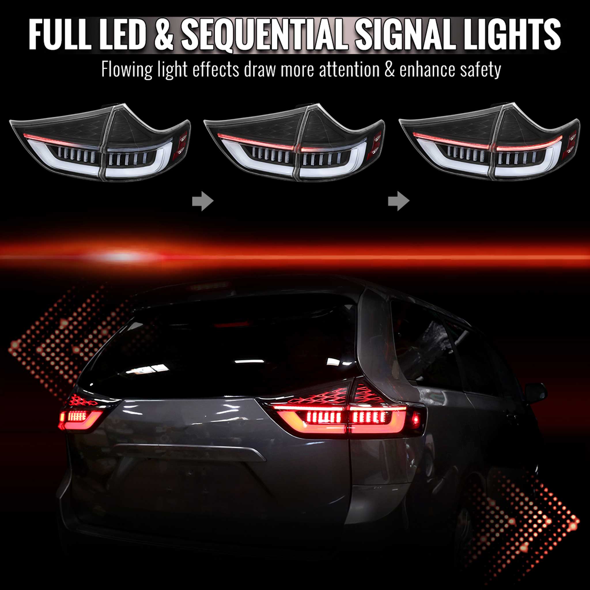 For Toyota Sienna 2015-2020 Full LED Tail Lights Sequential Signal Startup Black Housing Clear Lens