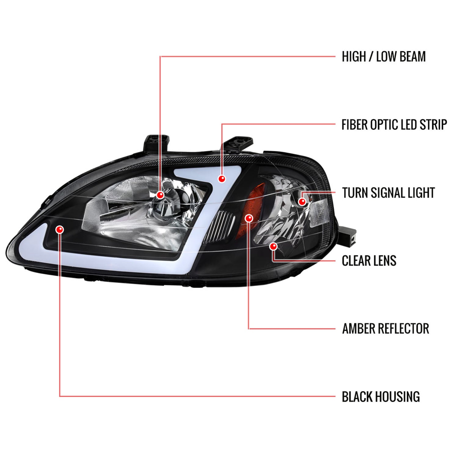 1999-2000 Honda Civic Coupe/Sedan LED Bar Factory Headlights Matt Black/Clear