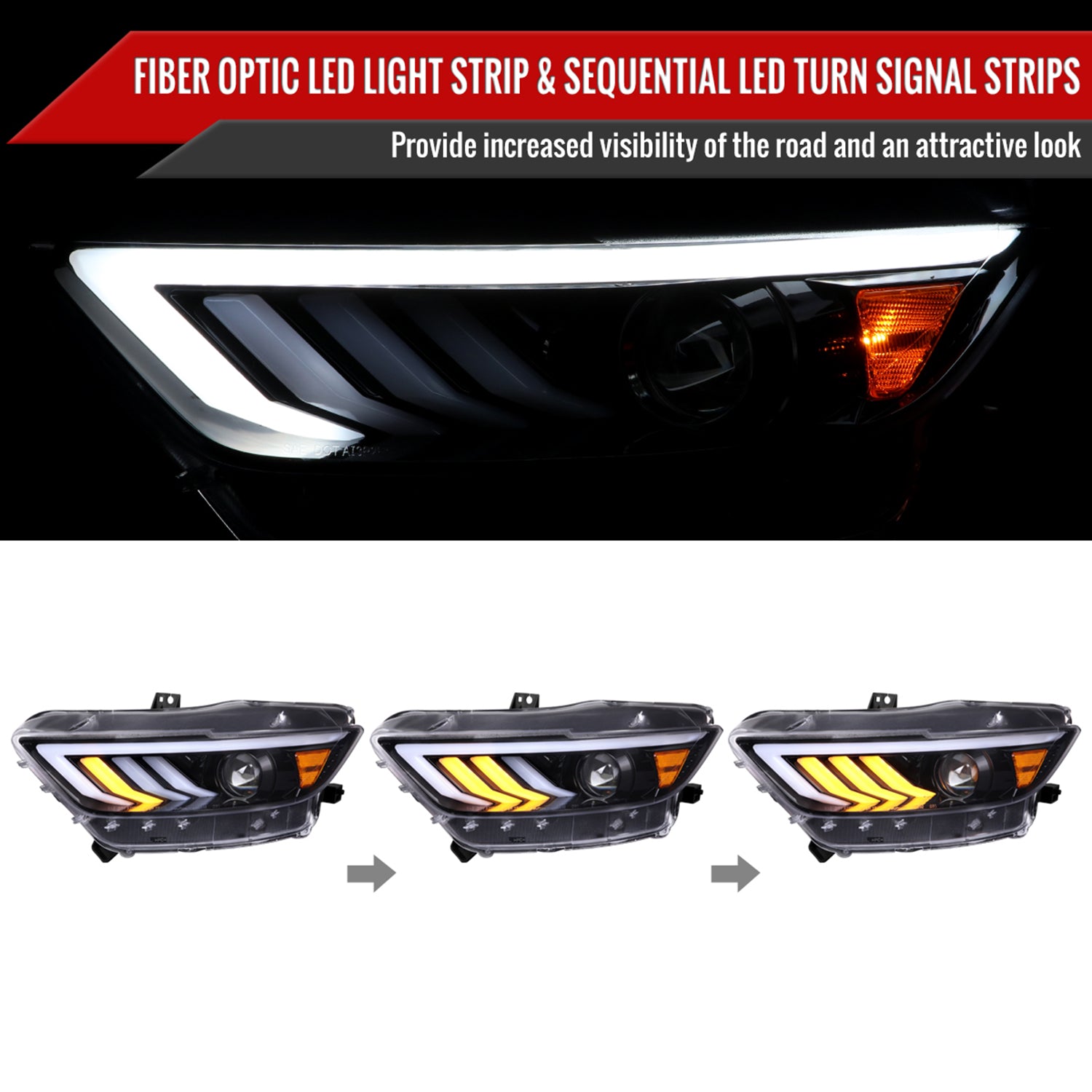 2015-2017 Ford Mustang HID-Type LED Signal Projector Headlights Jet Black