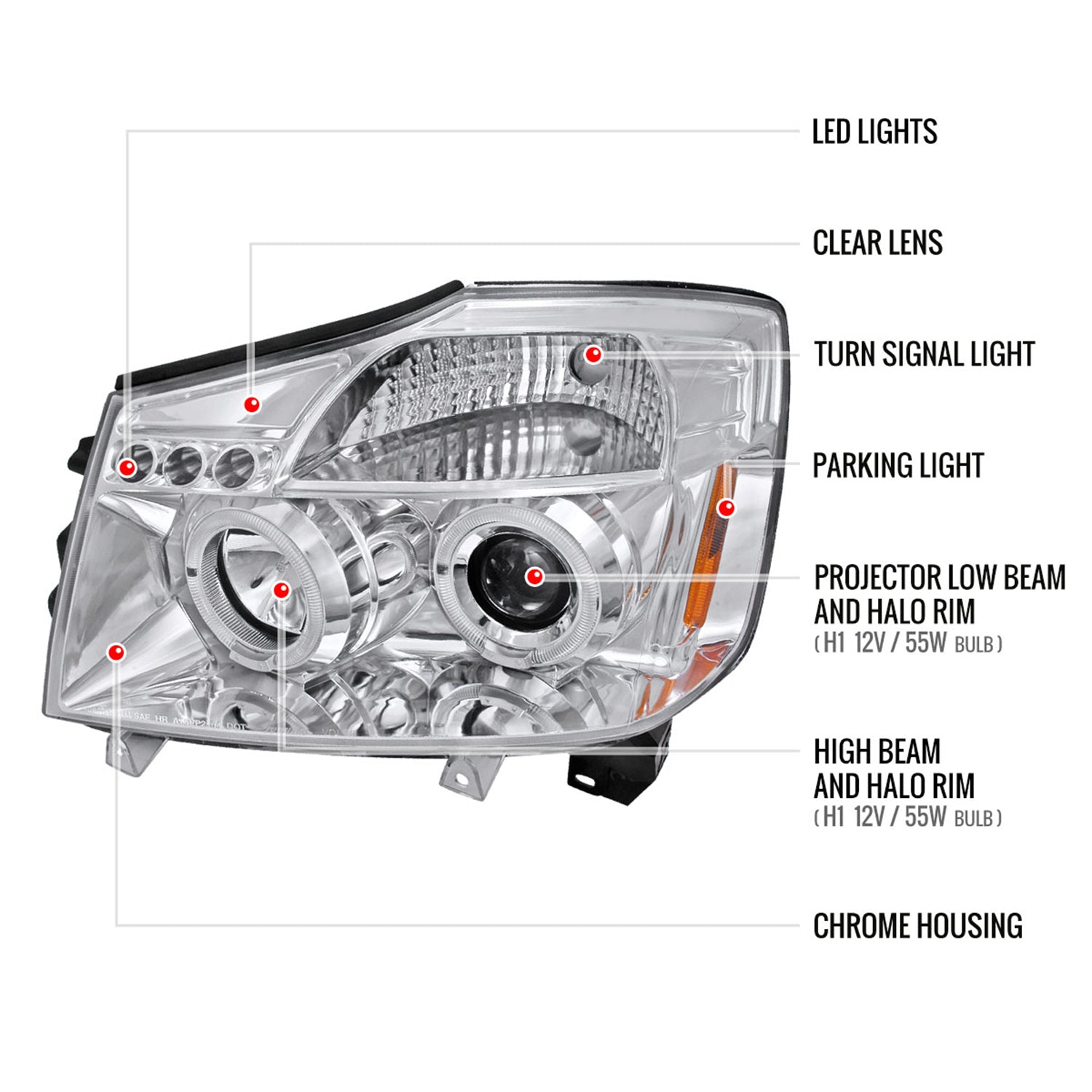 2004-2015 Nissan Titan/ 2004-2007 Armada Dual Halo Projector Headlights Chrome