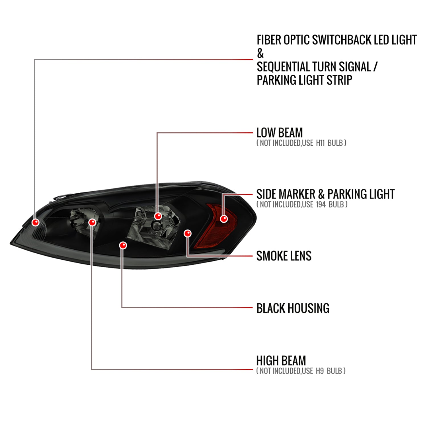 2006-2013 Chevy Impala/Impala Limited/Monte Carlo LED Factory Headlights Smoke