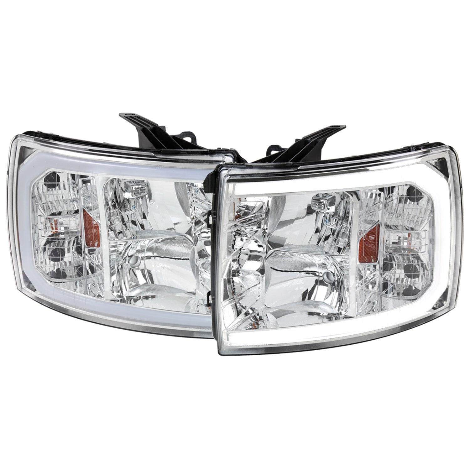 2007-2013 Chevy Silverado 1500 2500HD 3500HD C-Bar Headlights Amber & Chrome