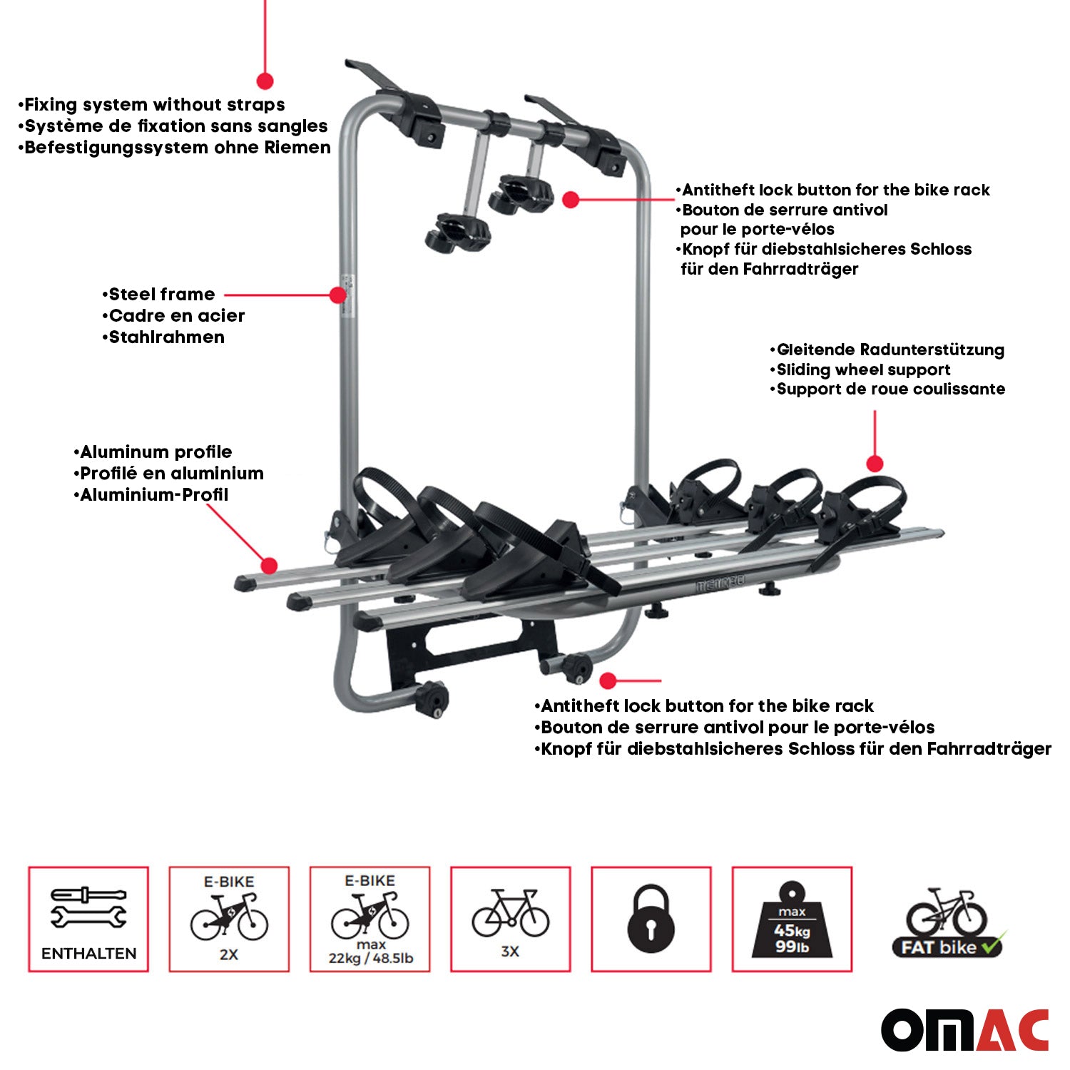 2018-2022 Ford EcoSport 3 Bike Rack Carrier Hitch Mount Black 1Pc