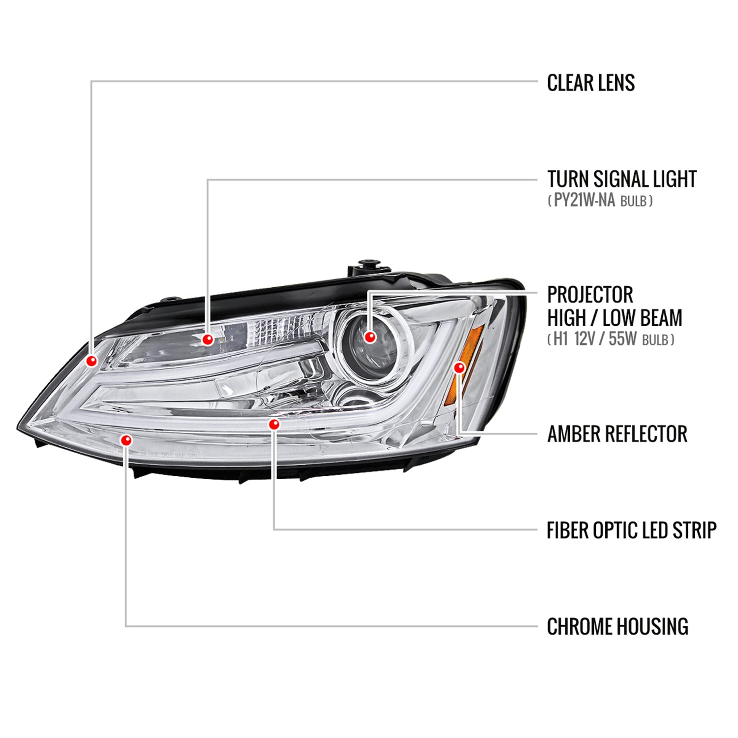 2011-2018 VW Jetta MK6 LED Bar Projector Headlights Chrome/Clear Lens