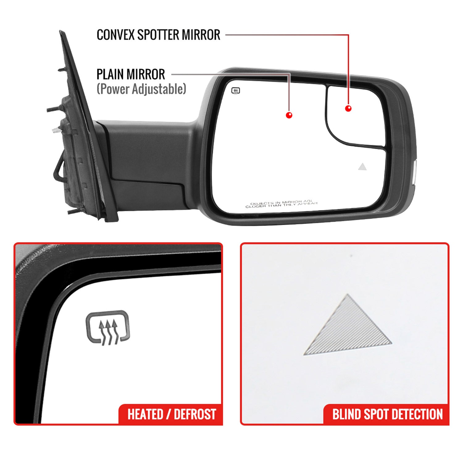 2019-2024 Dodge RAM 1500 Black Manual Fold & Heated Side Mirror Passenger