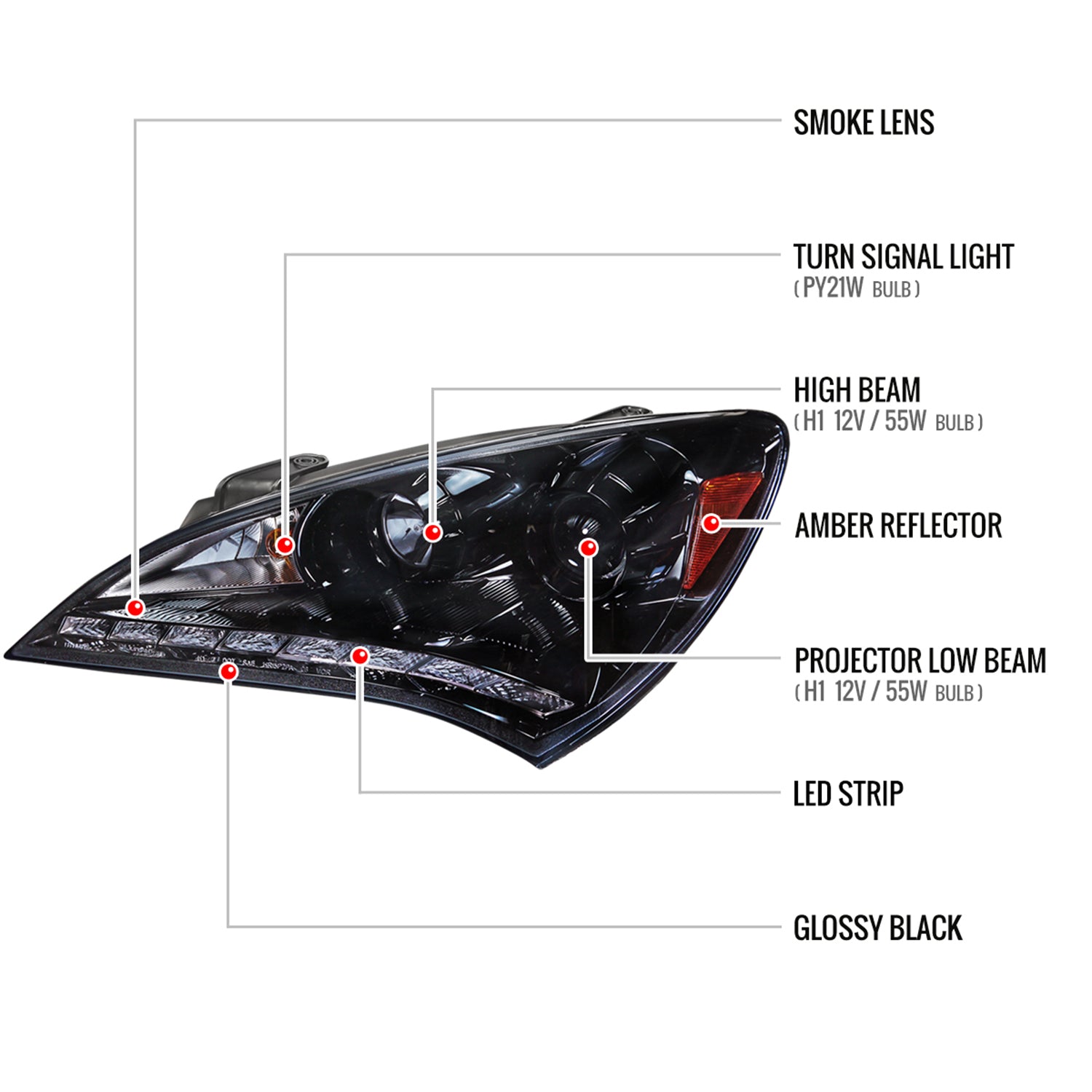 2010-2012 Hyundai Genesis Coupe R8 LED Projector Headlights Black/Smoke Lens