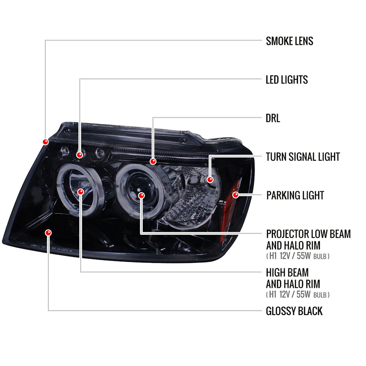 1999-2004 Jeep Grand Cherokee Dual Halo Projector Headlights Black/Smoke