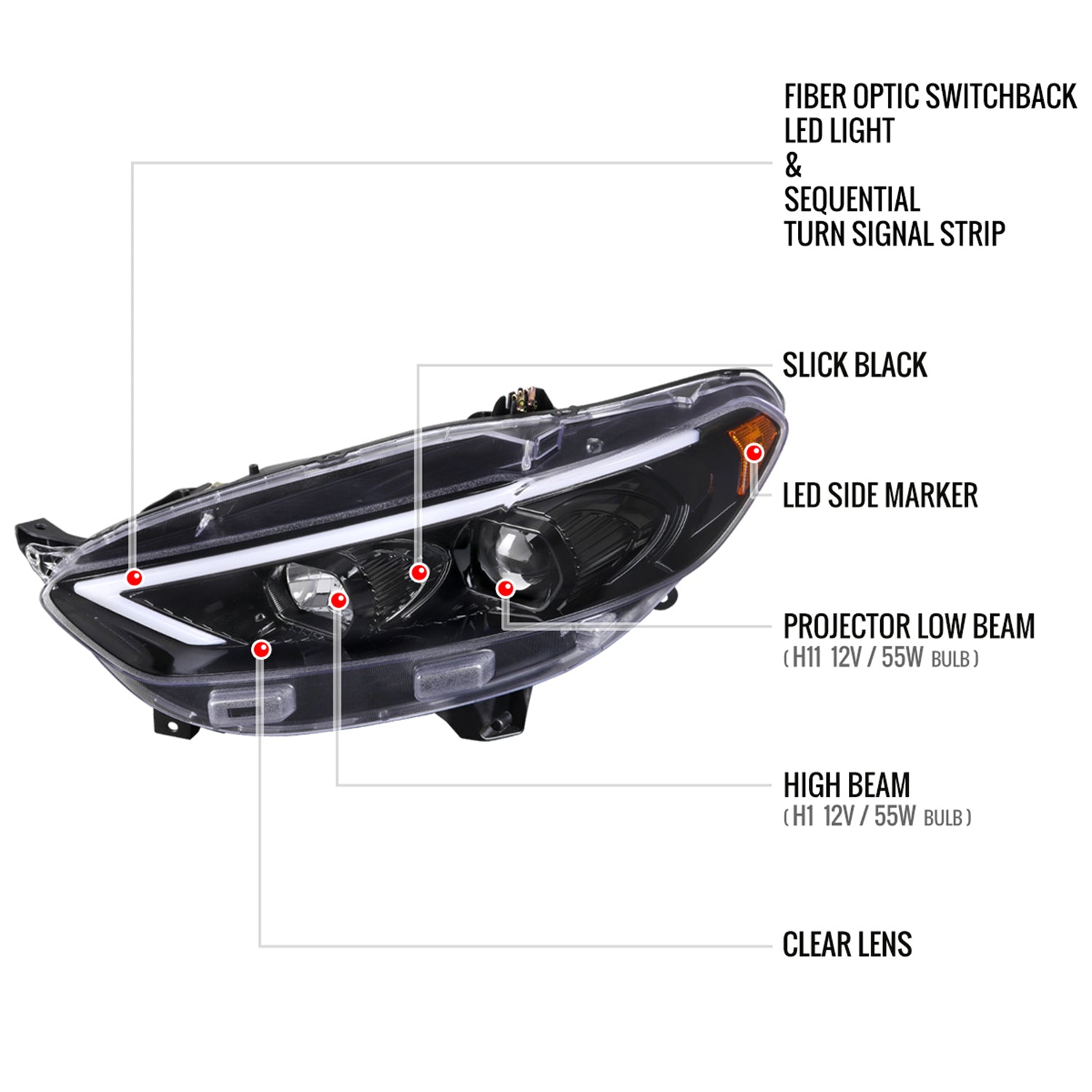 2013-2016 Ford Fusion Sequential Turn Signal Projector Headlights Black