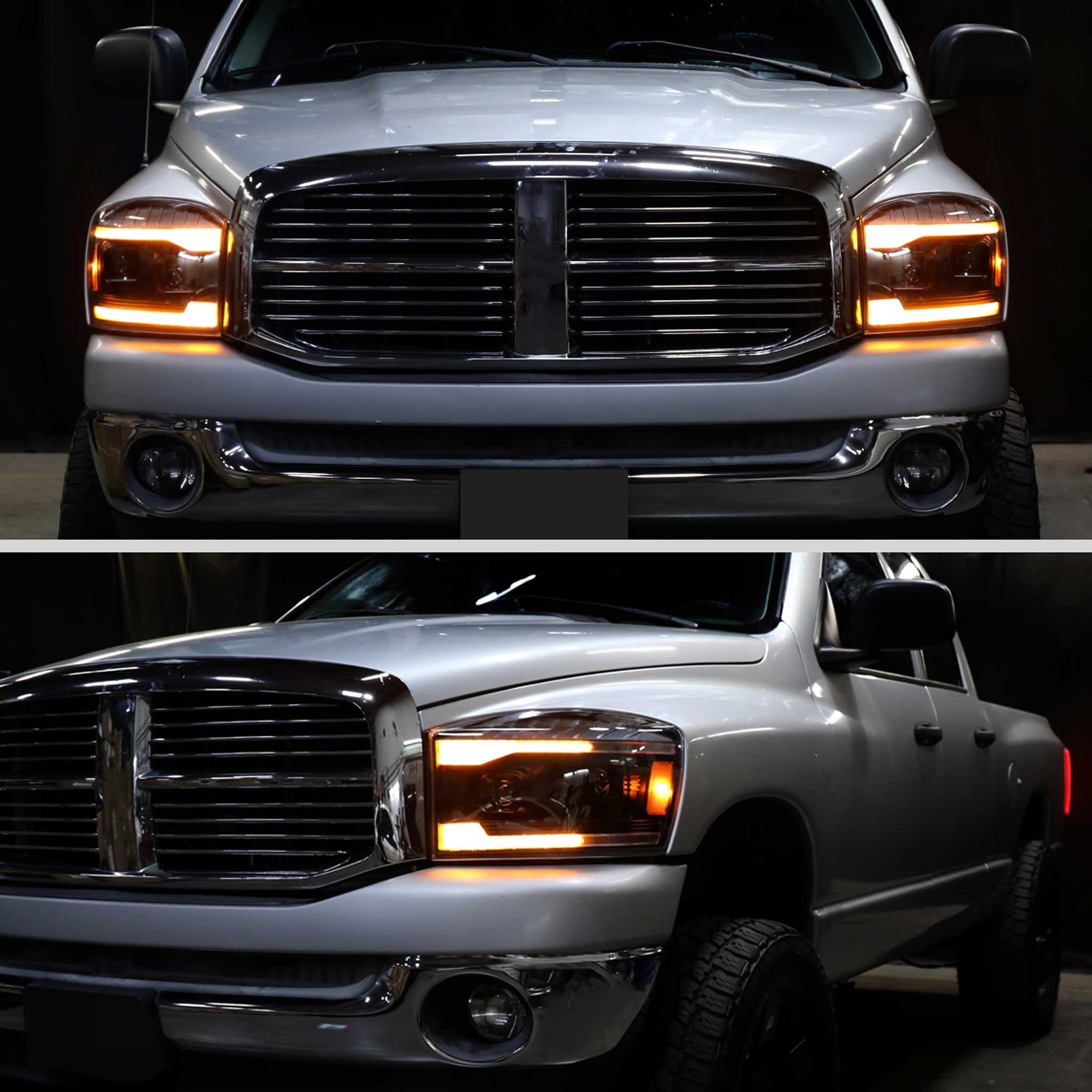 For Dodge RAM 1500 2006-08 / RAM 2500 3500 2006-09 Headlights Switchback Amber LED Strips Turn Signals DRL Black Housing Clear Lens