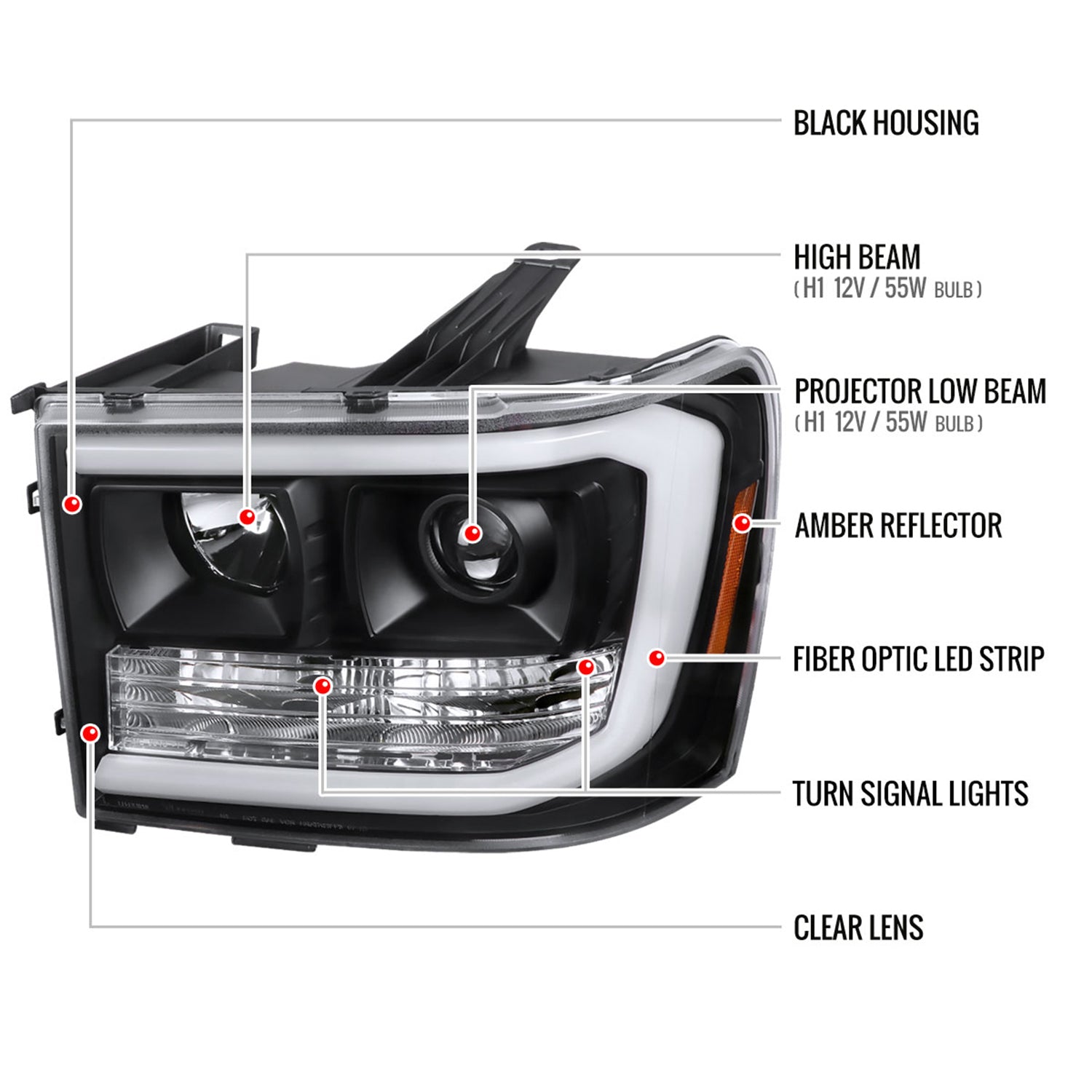 2007-2013 GMC Sierra 1500 1500HD 2500HD 3500HD LED C-Bar Headlights Black