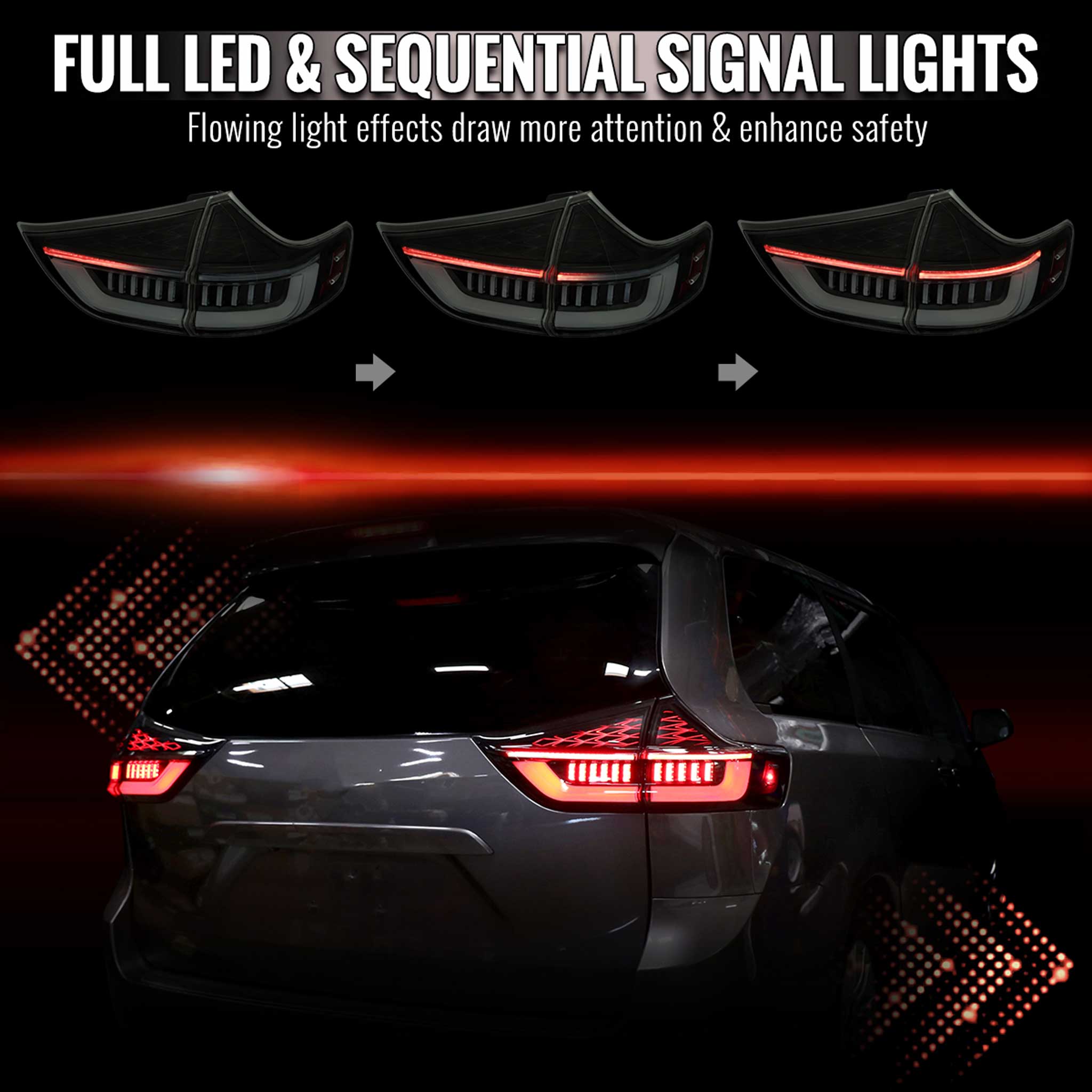 For Toyota Sienna 2011-2014 Full LED Tail Lights Sequential Signal Startup Black Housing Smoked Lens