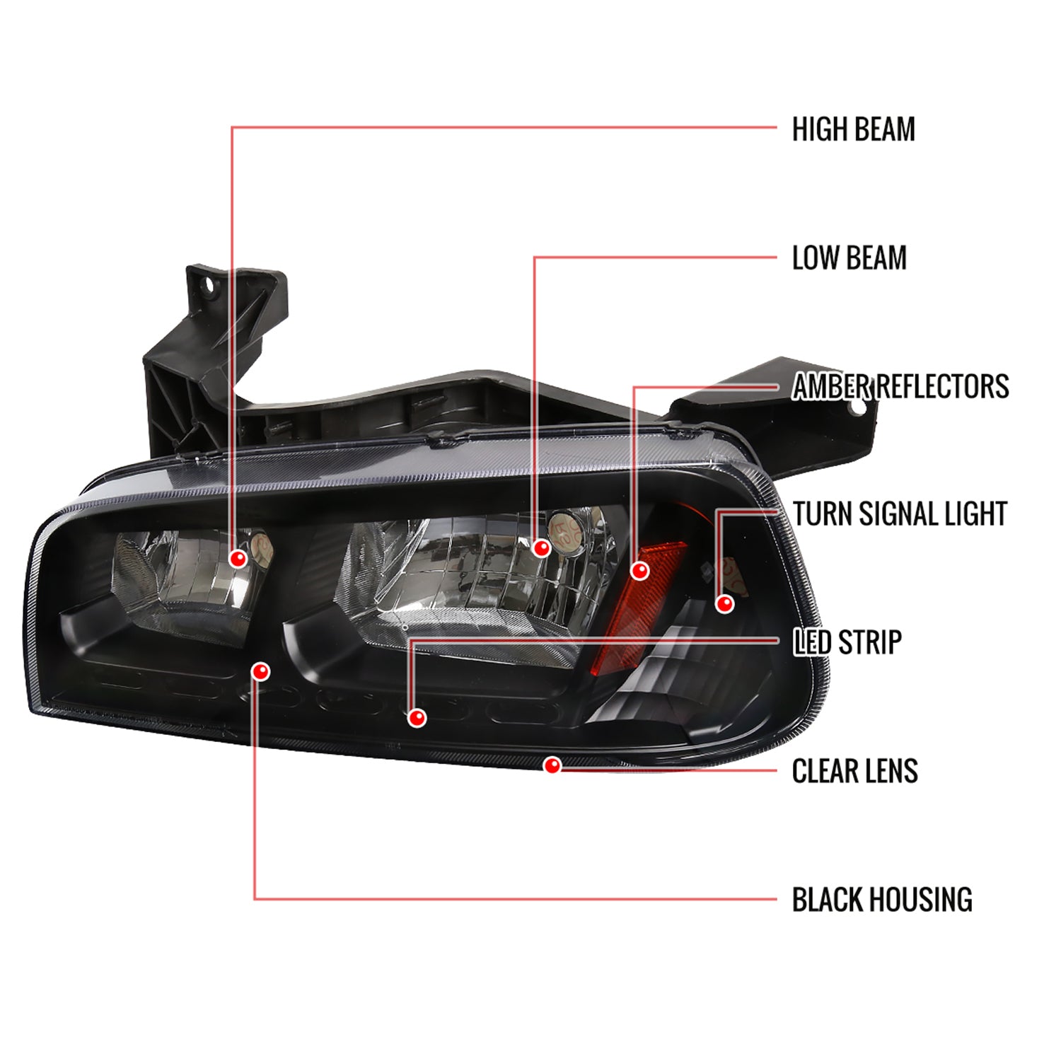2006-2010 Dodge Charger 1PC LED Light Factory Headlights Amber Reflector Black