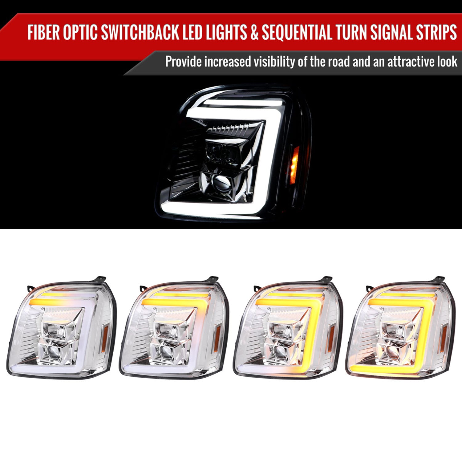 2007-2014 GMC Yukon/XL 1500/XL 2500 LED Signal Projector Headlights Chrome