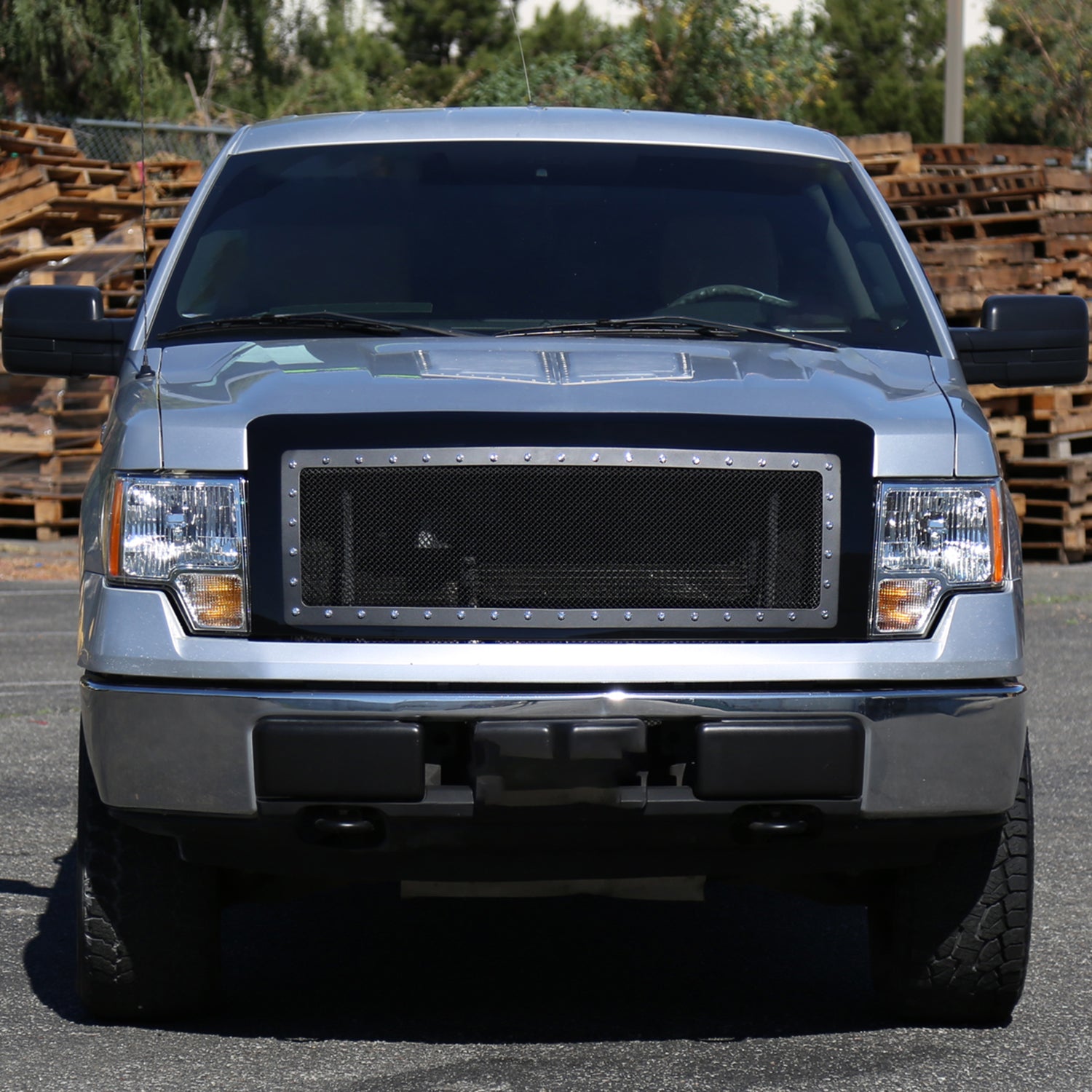 2009-2014 Ford F-150 Glossy Black ABS Rivet Style Grille w/ S.Steel Mesh