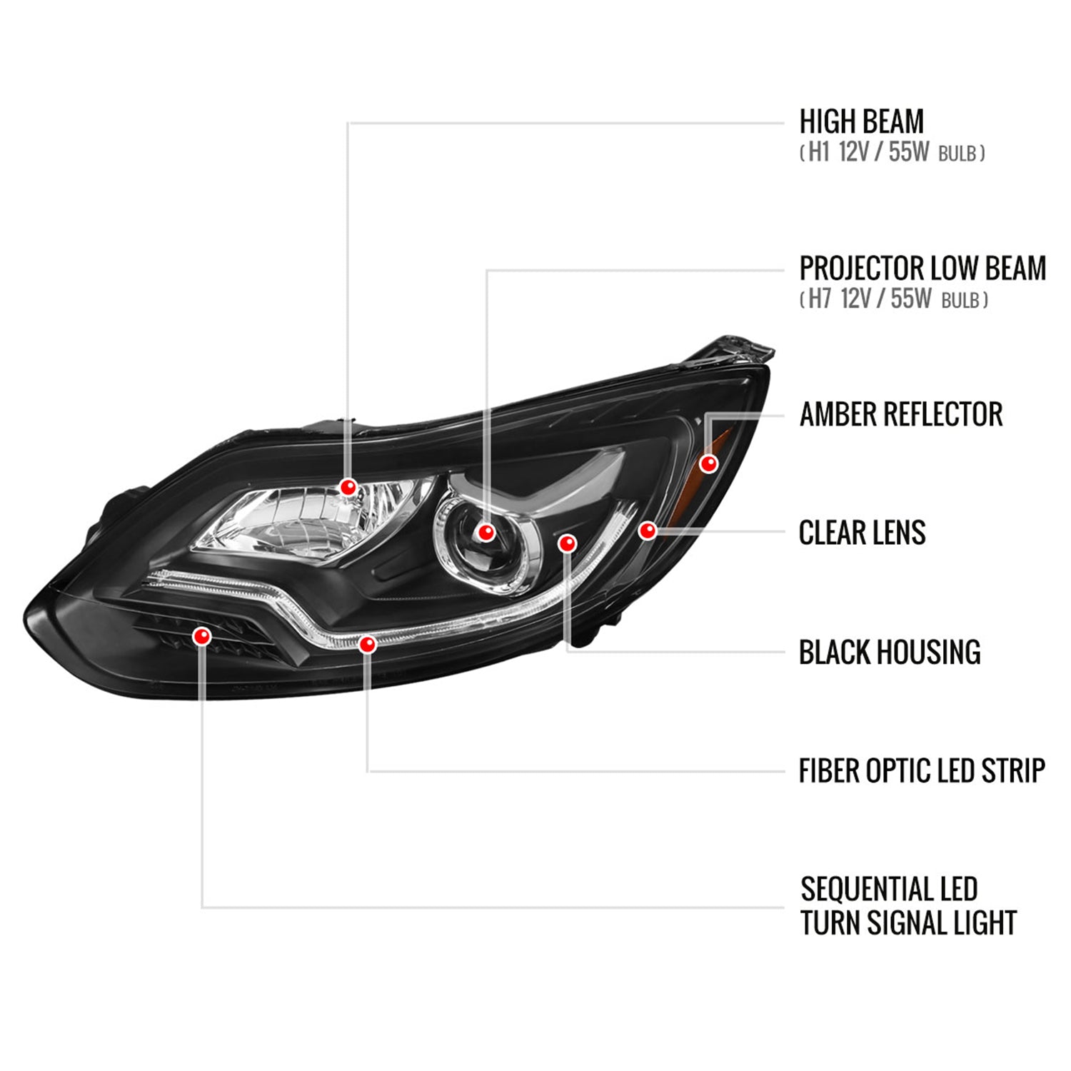 2012-2014 Ford Focus Projector Headlights LED Light & Turn Signal Lights Black