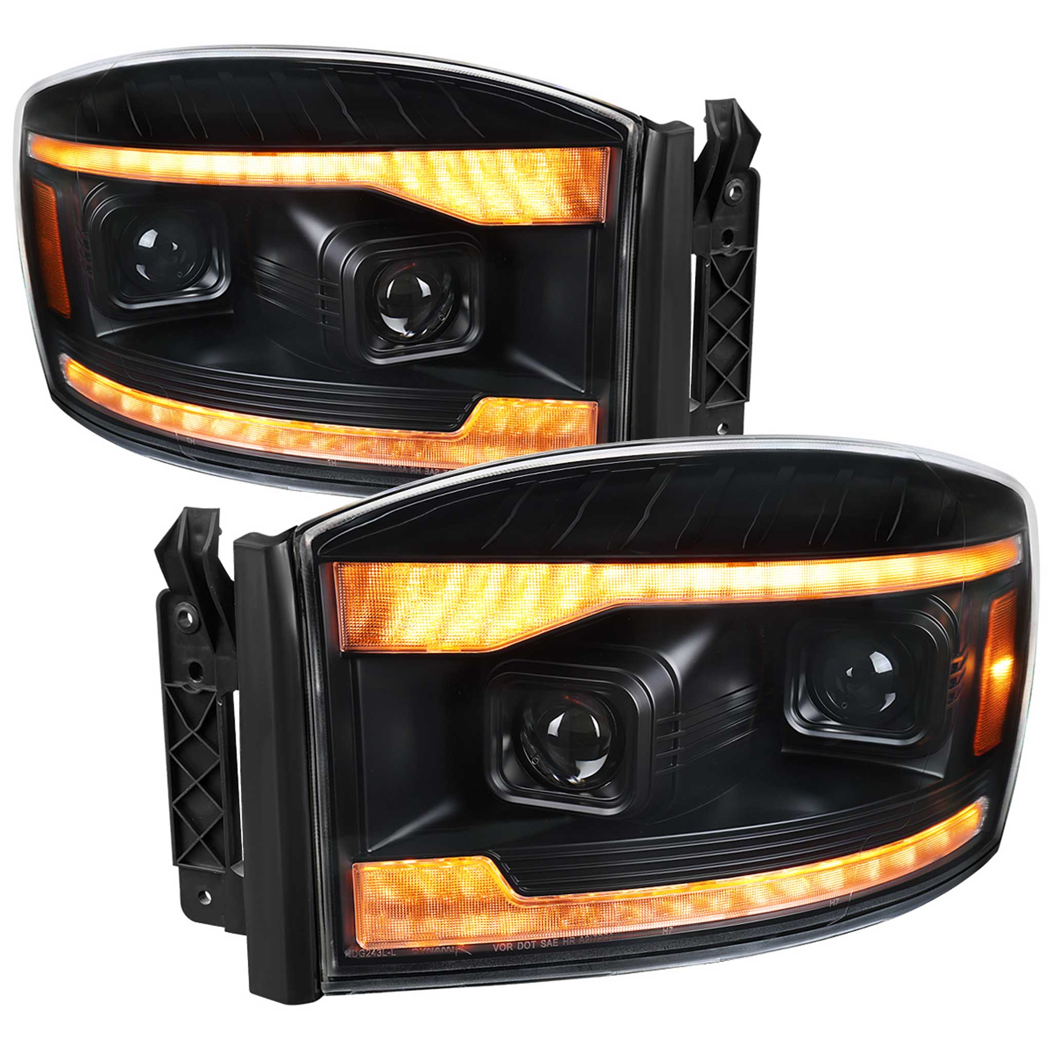 For Dodge RAM 1500 2006-08 / RAM 2500 3500 2006-09 Headlights Switchback Amber LED Strips Turn Signals DRL Black Housing Clear Lens