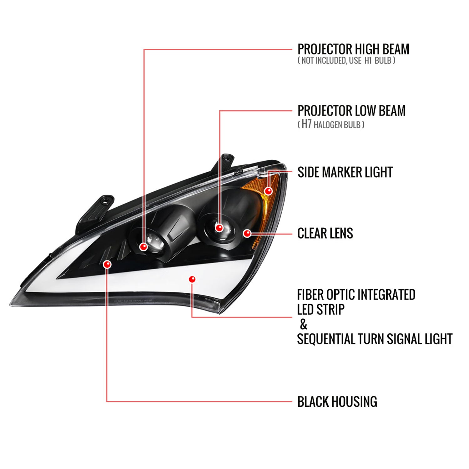 2010-2012 Hyundai Genesis Coupe Sequential LED Bar Projector Headlights Black