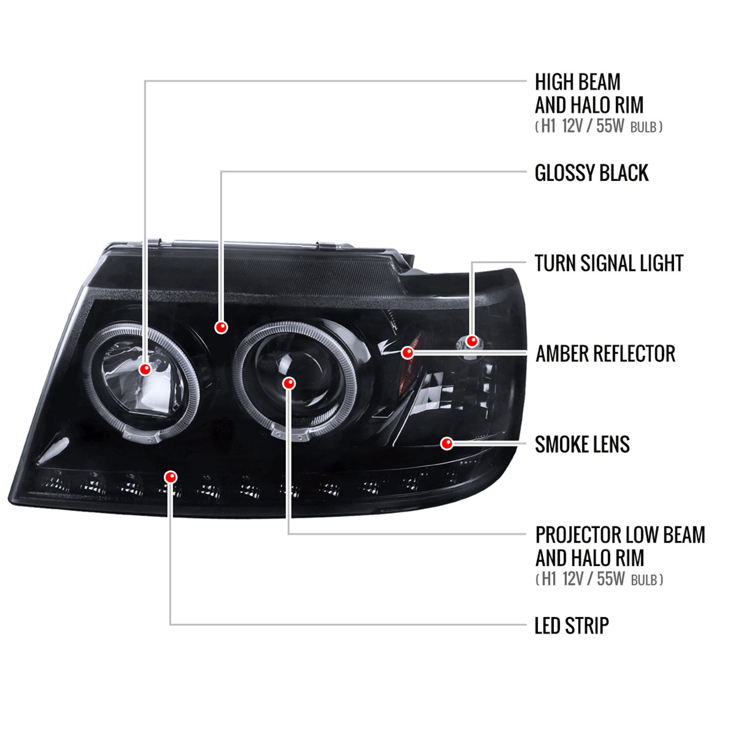 2002-2005 Ford Explorer Dual Halo Projector Headlights Glossy Black/Smoke Lens