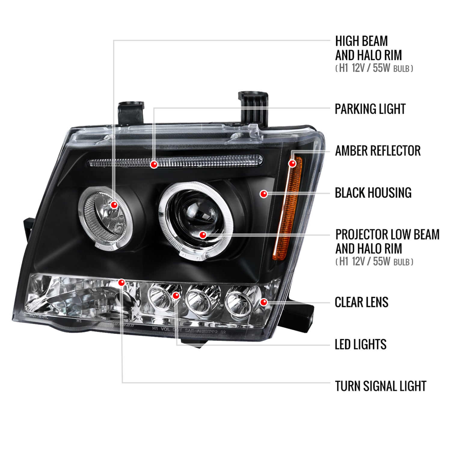 2005-2015 Nissan Xterra Dual Halo Projector Headlights Matte Black/Clear Lens