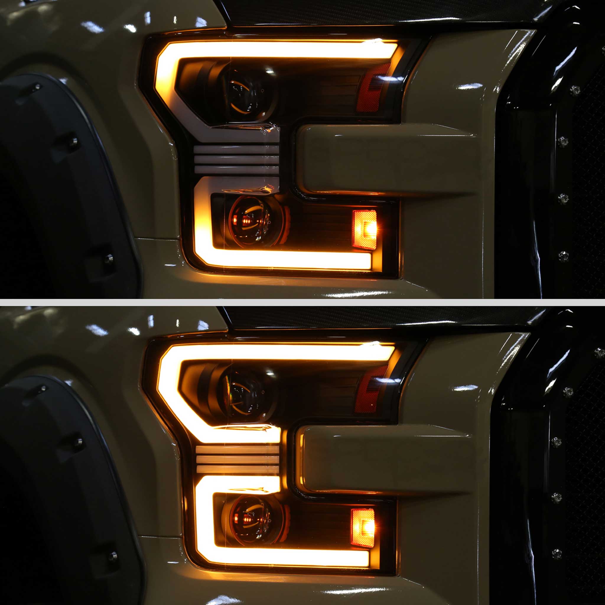 For Ford F-150 2015-2017 LED Bar Headlights Turn Signals Amber LED Pulsing Glow Black Housing Clear Lens