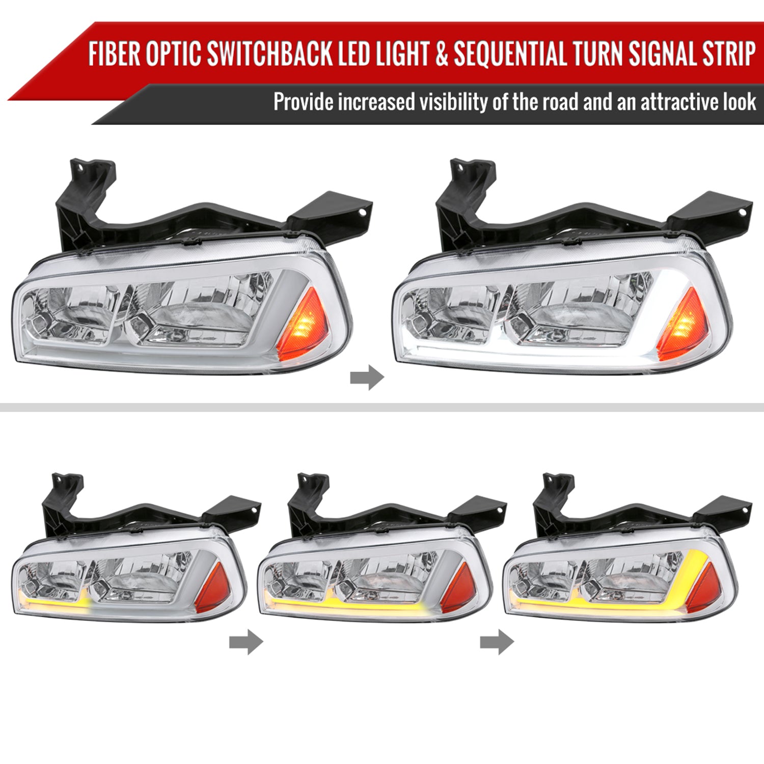 2006-2010 Dodge Charger Sequential LED Bar Factory Headlights Chrome