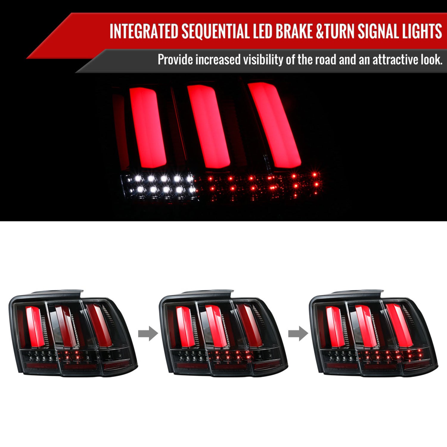 1999-2004 Ford Mustang Sequential LED Tail Lights Jet Black/Clear Lens