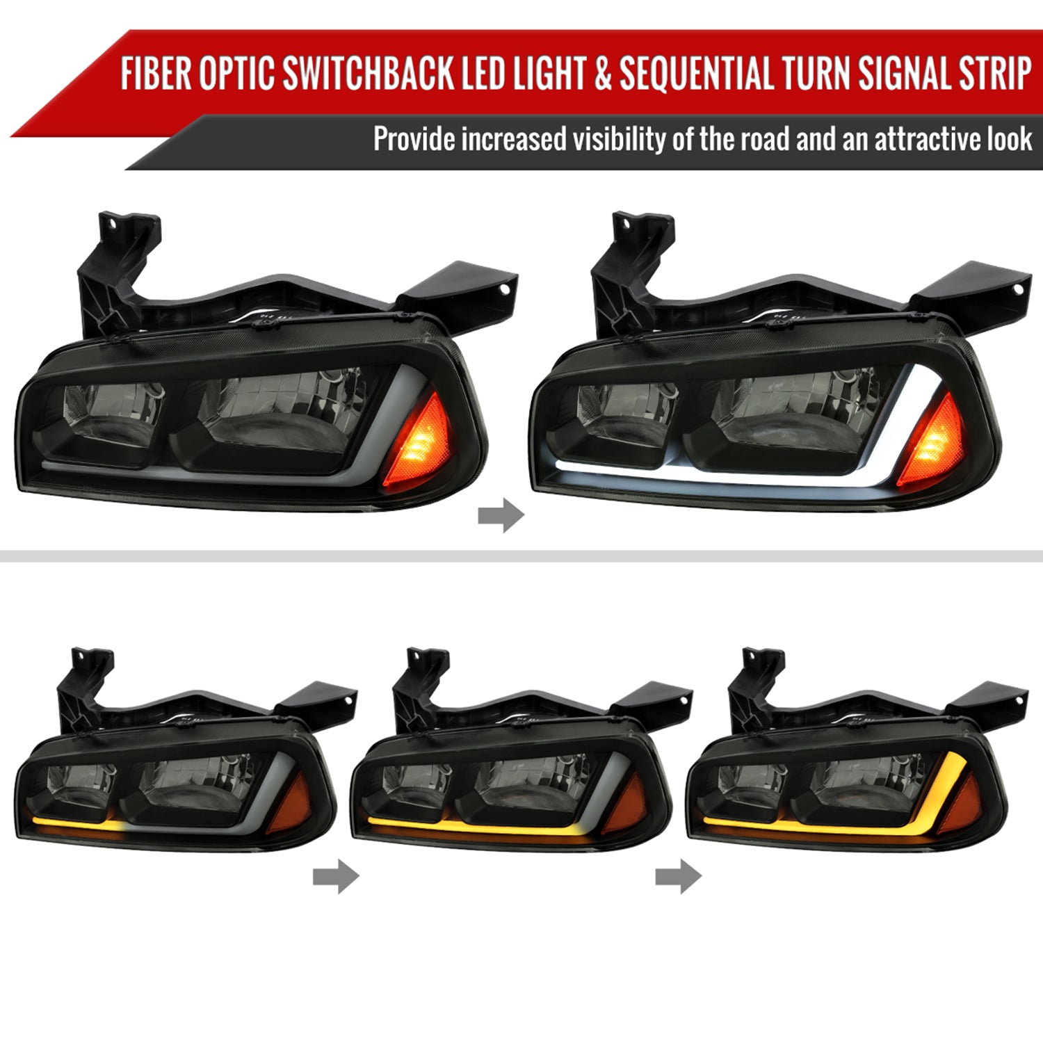 2006-2010 Dodge Charger Sequential LED Bar Factory Headlights Matt Smoke