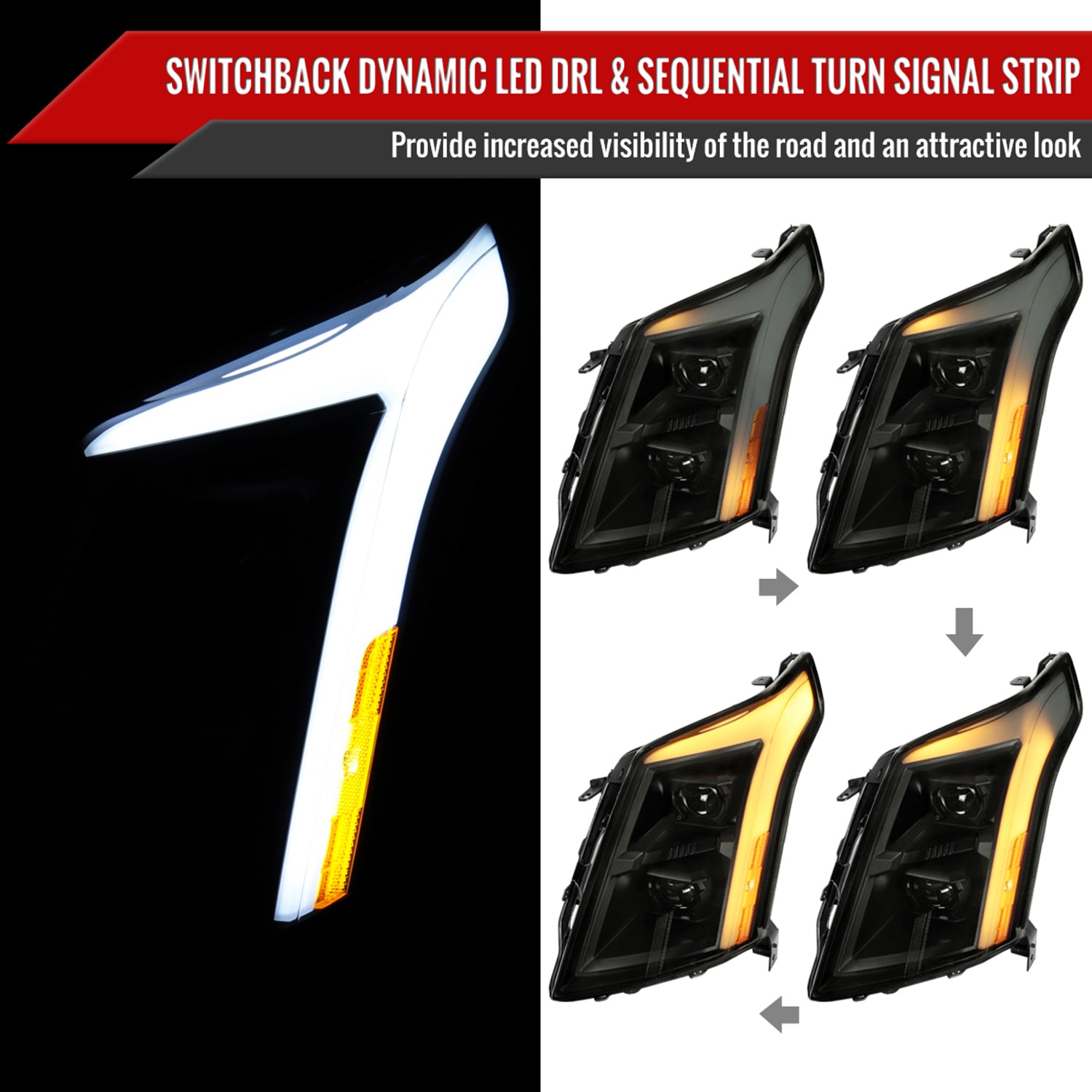 2010-2016 Cadillac SRX LED Projector Headlights Turn Signal Bar Black