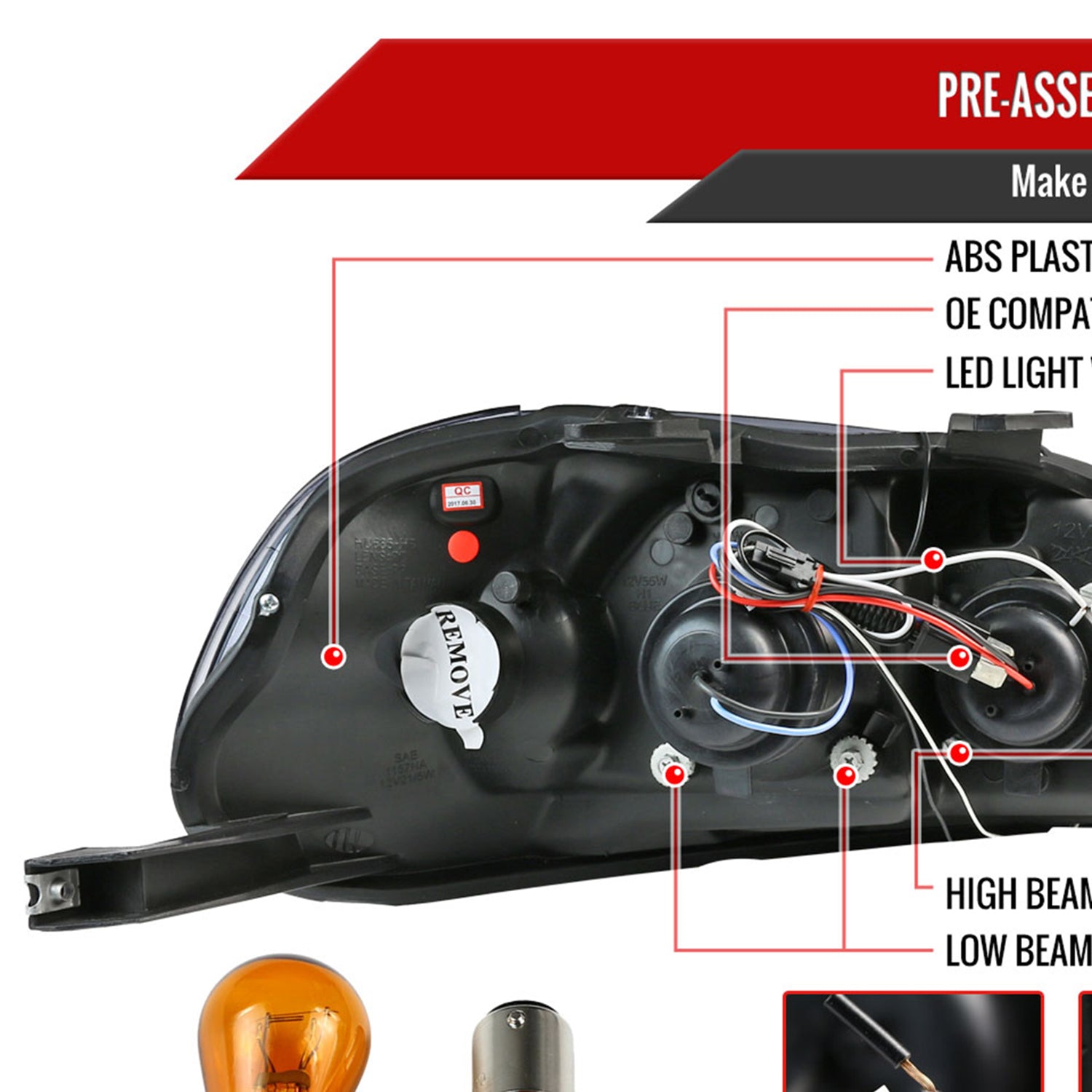 1996-1998 Honda Civic Projector Headlights R8 LED Light Black/Smoke Lens