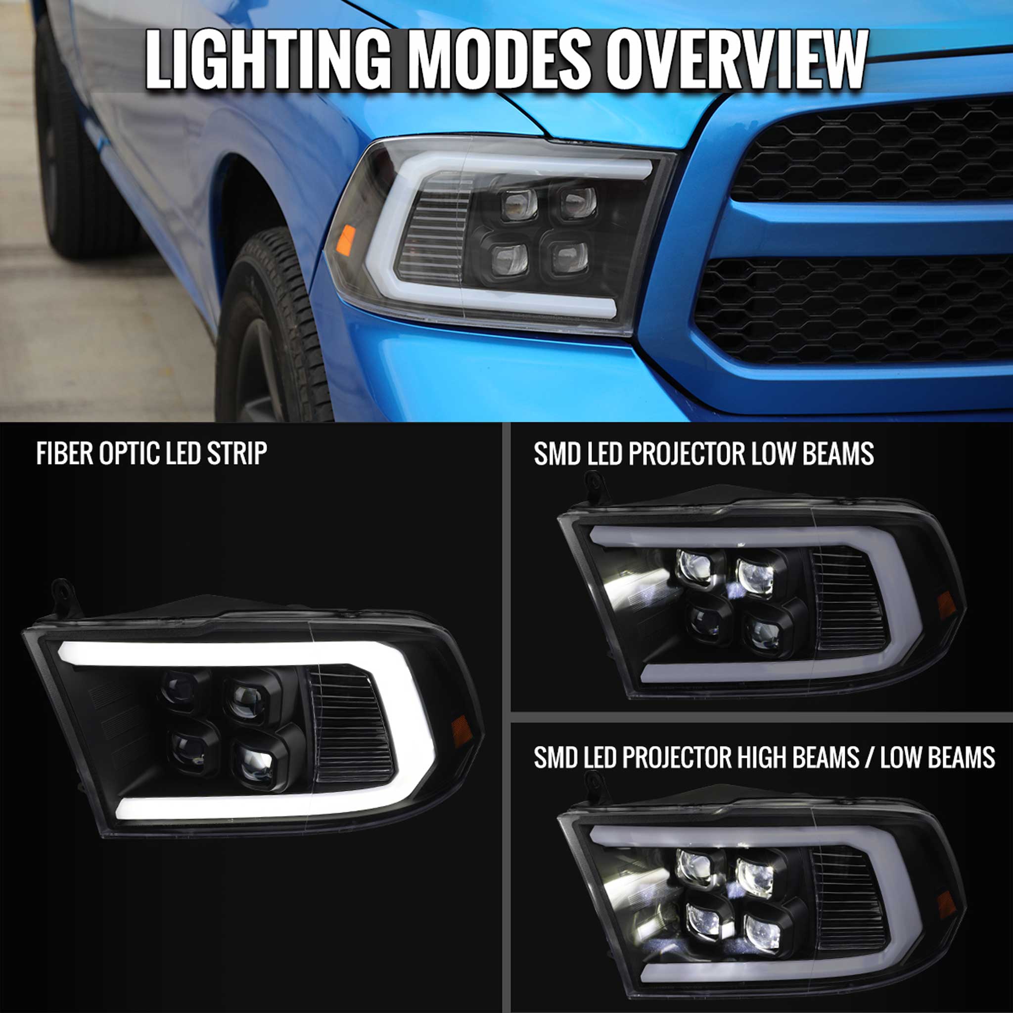 For Dodge RAM 1500 2009-18 / RAM Classic 2019 / 2500 3500 2010-18 LED Bar Turn Signal Projector Headlights Matte Black Housing Clear Lens