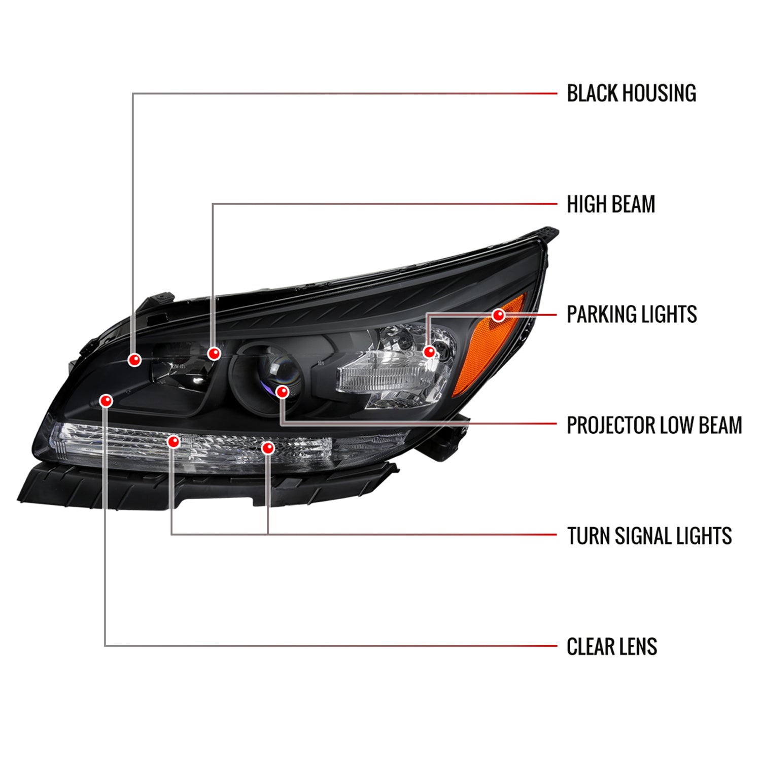 2013-2016 Chevy Malibu Projector Headlights Matte Black Housing/Clear Lens