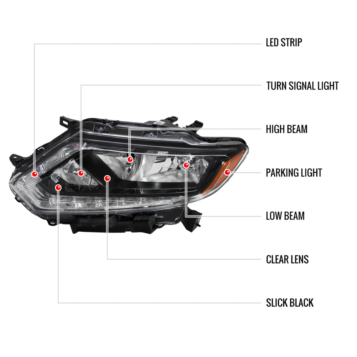 2014-2016 Nissan Rogue LED Strip Factory Style Headlights Matte Black/Clear