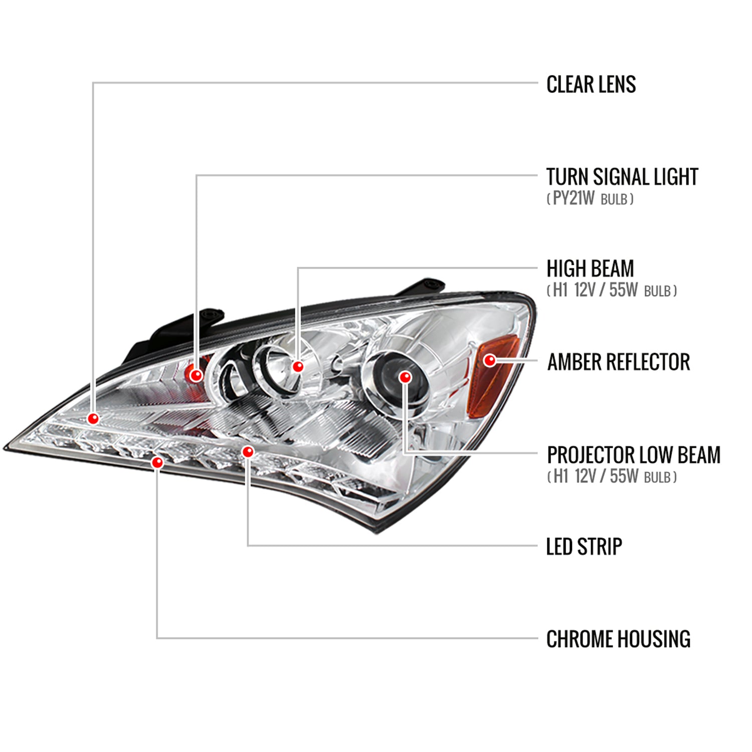 2010-2012 Hyundai Genesis Coupe Projector Headlights SMD LED Light Chrome