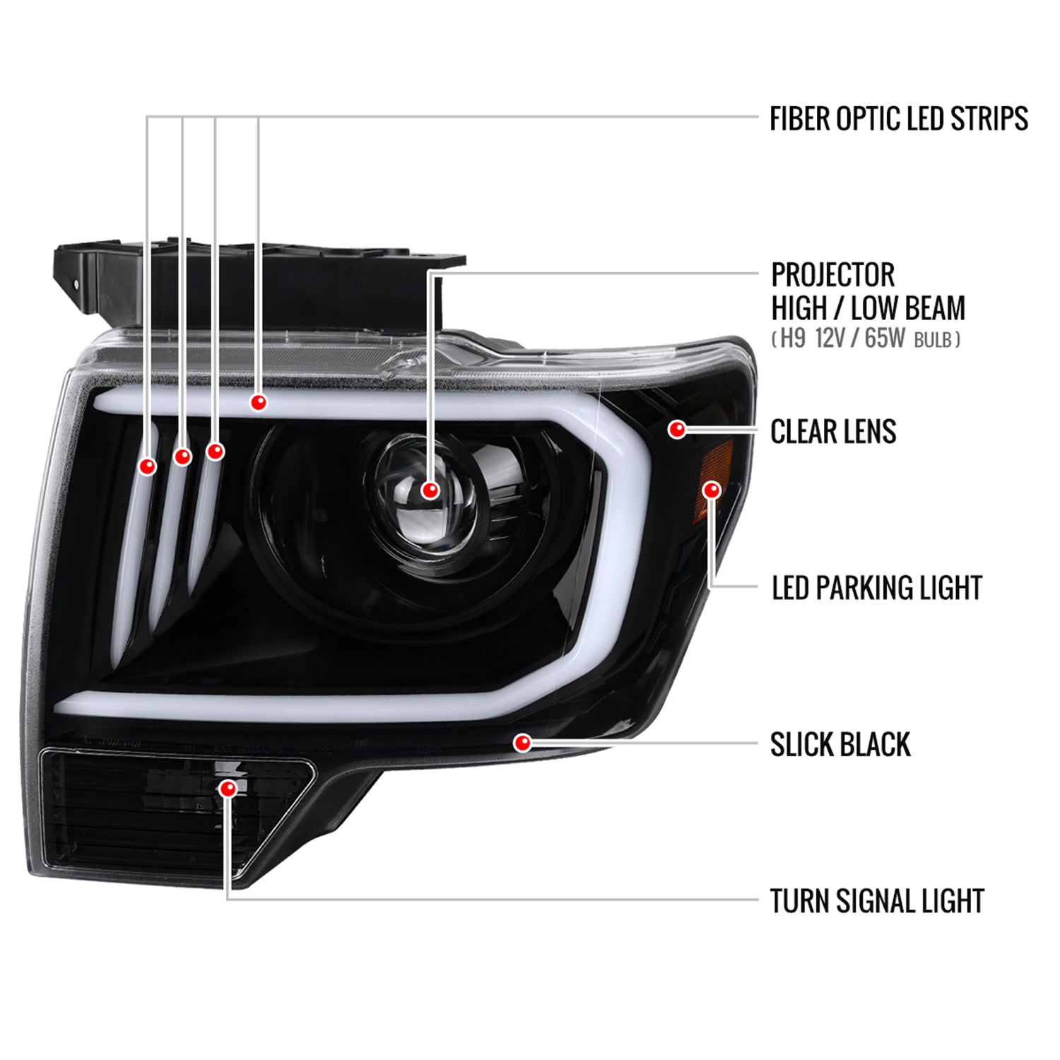 2009-2014 Ford F-150 LED C-Bar Projector Headlights Jet Black/Clear Lens