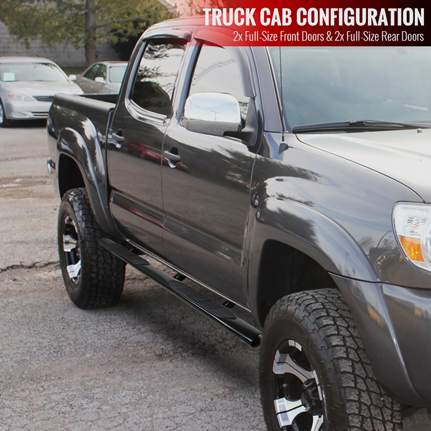 2005-2021 Toyota Tacoma Double Crew Cab 4" Black S.Steel Side Step Nerf Bars