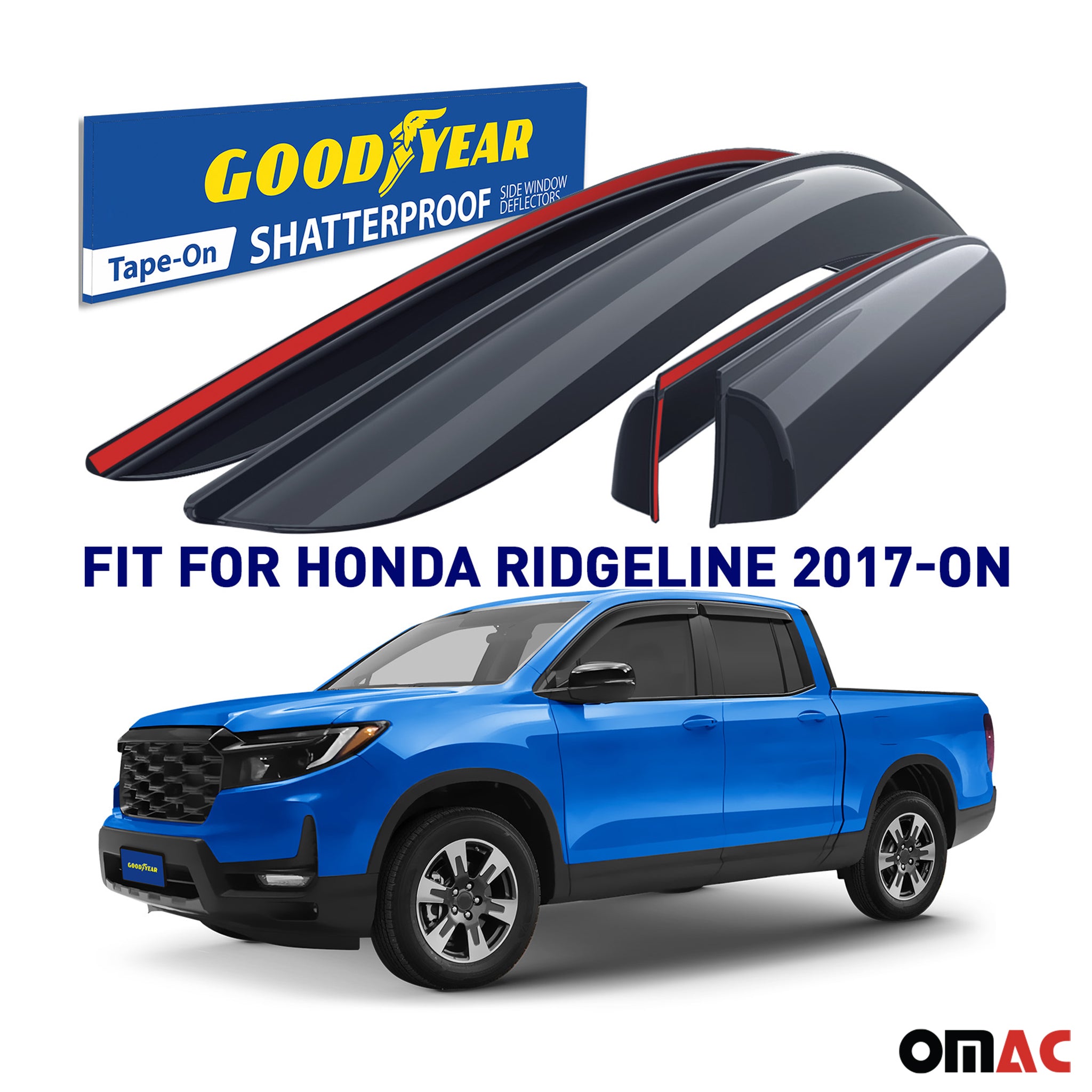 Goodyear Wind Deflectors for Honda Ridgeline 2017-2025 Tape-On Premium Smoke 4x