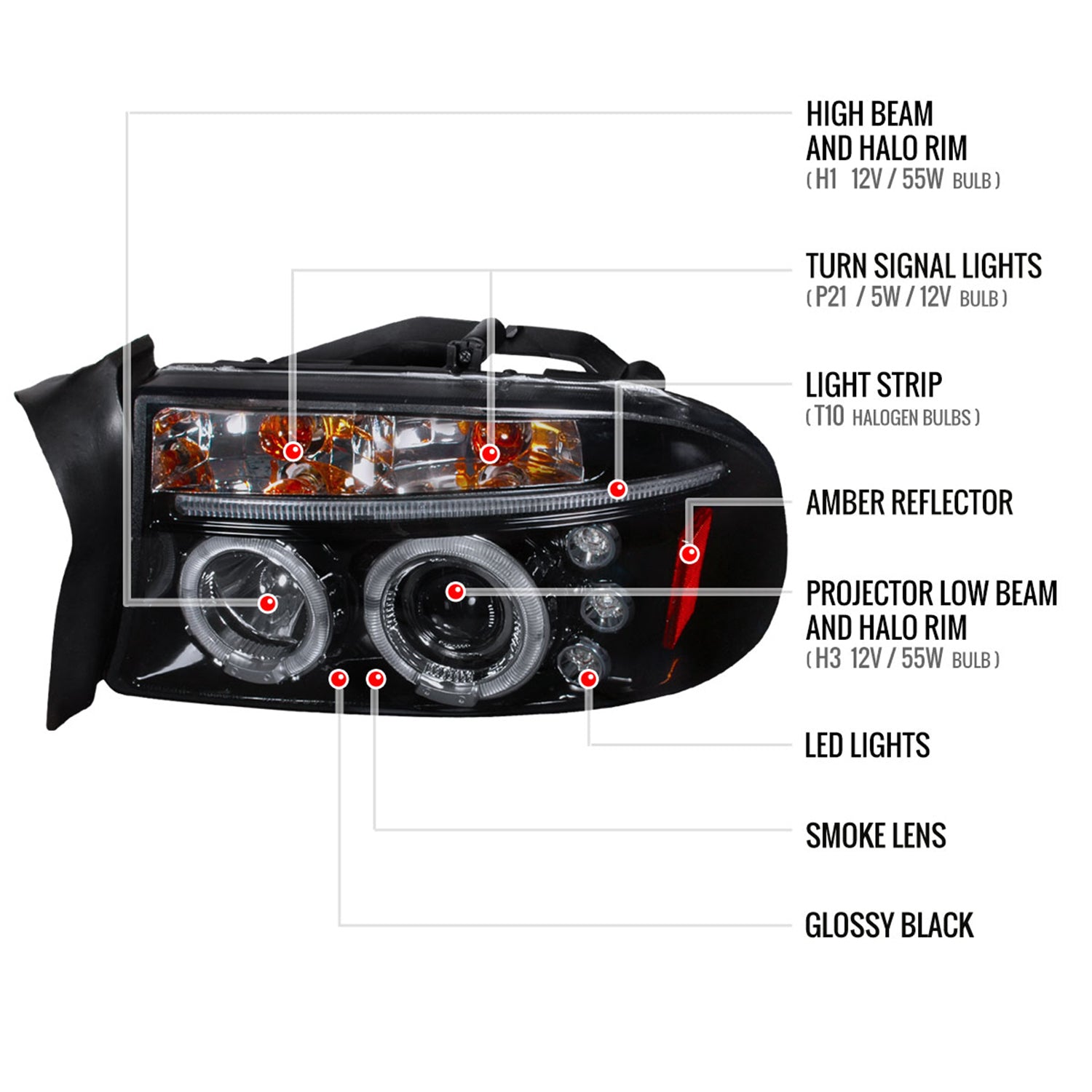 1997-2004 Dodge Dakota/ 1998-2003 Durango Dual Halo Projector Headlights Smoke