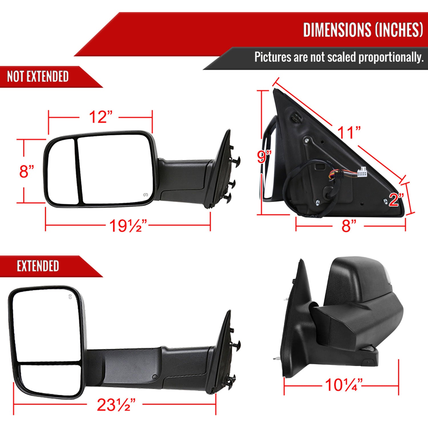 2013-2017 Dodge RAM 1500/2500/3500 Auto-Fold Heated ATS & Manual Side Mirrors