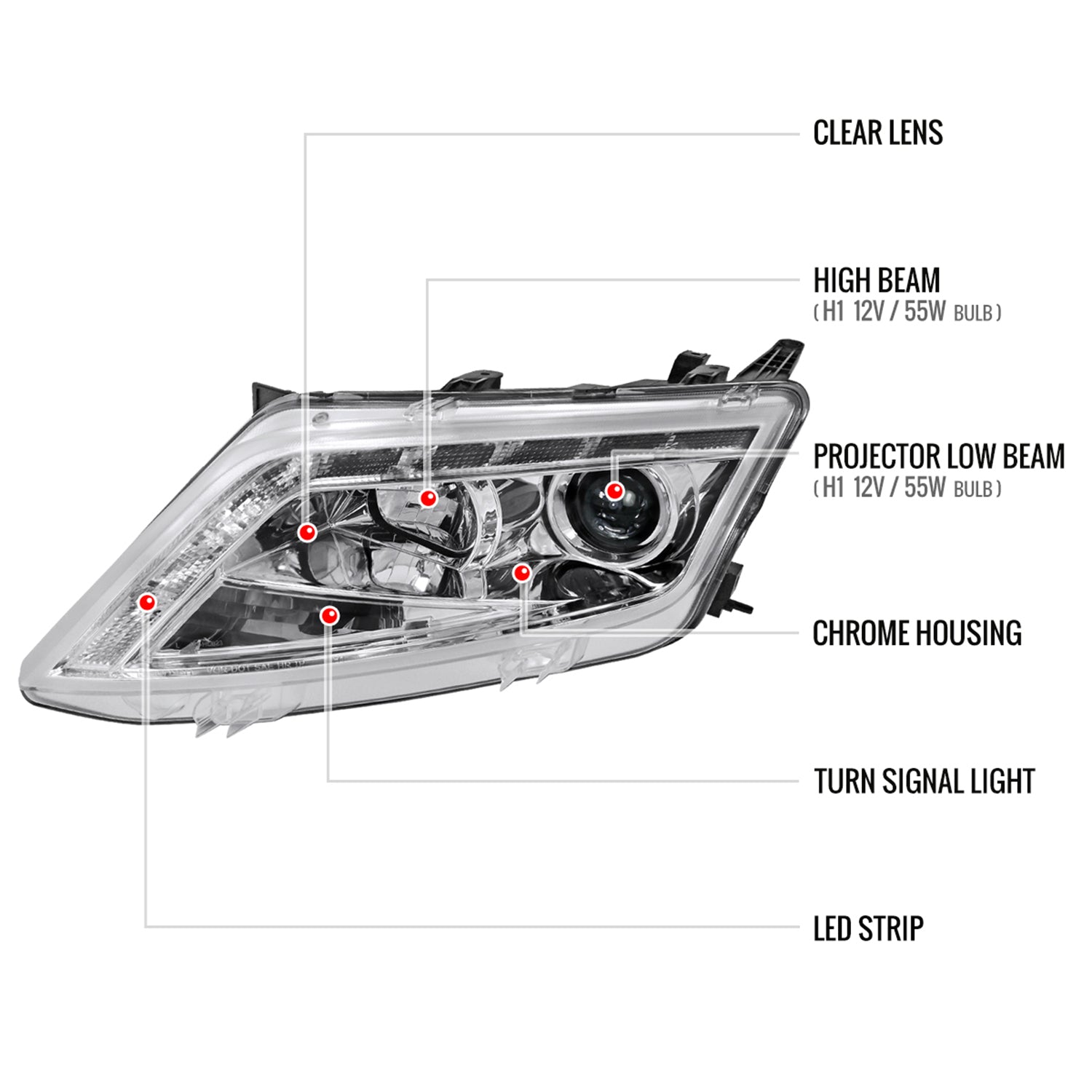 2010-2012 Ford Fusion Projector Headlights w/ LED Light Strip Chrome/Clear