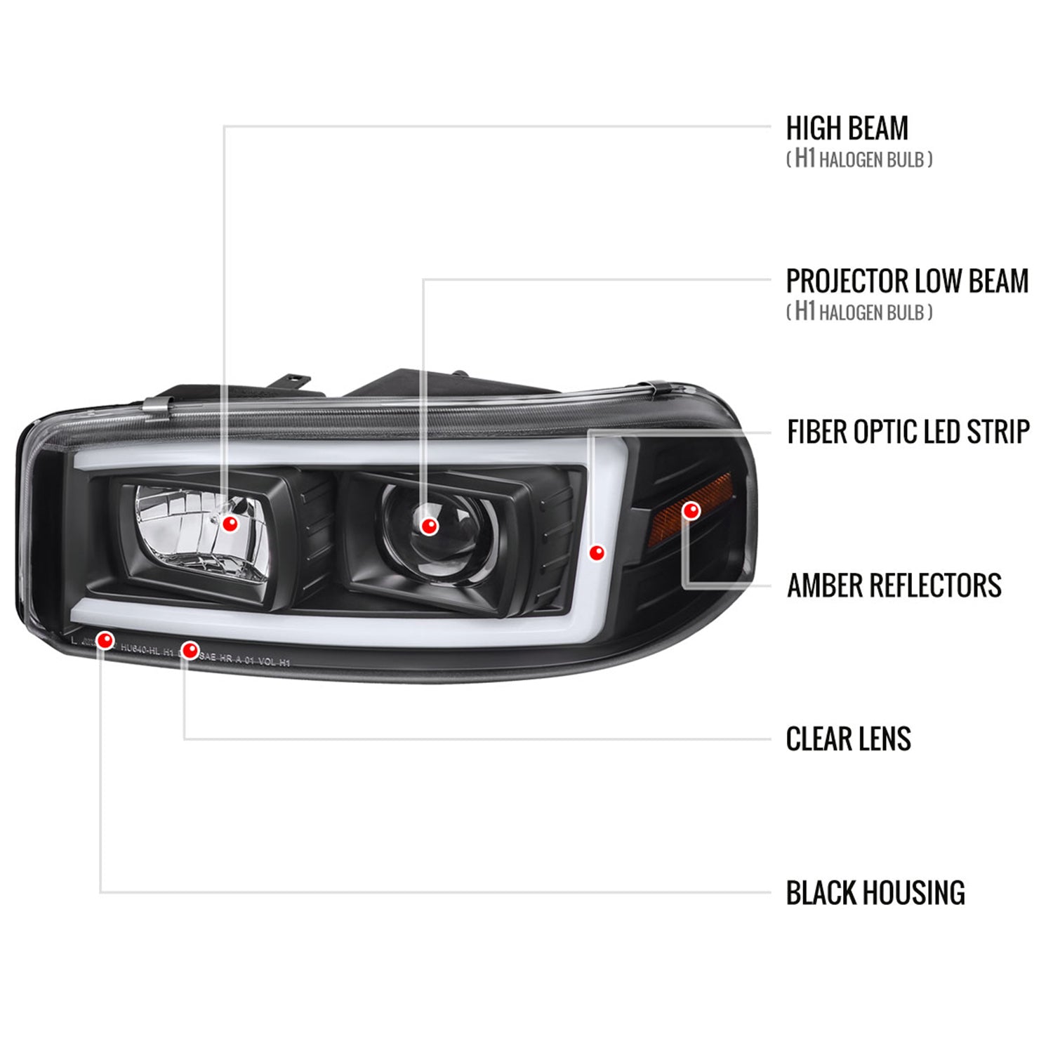 2000-2006 GMC Sierra/Denali/Yukon LED Strip Projector Headlights Matt Black