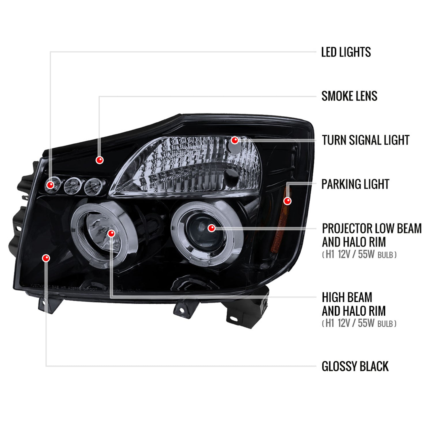 2004-2015 Nissan Titan/ 2004-2007 Armada Dual Halo Projector Headlights Black
