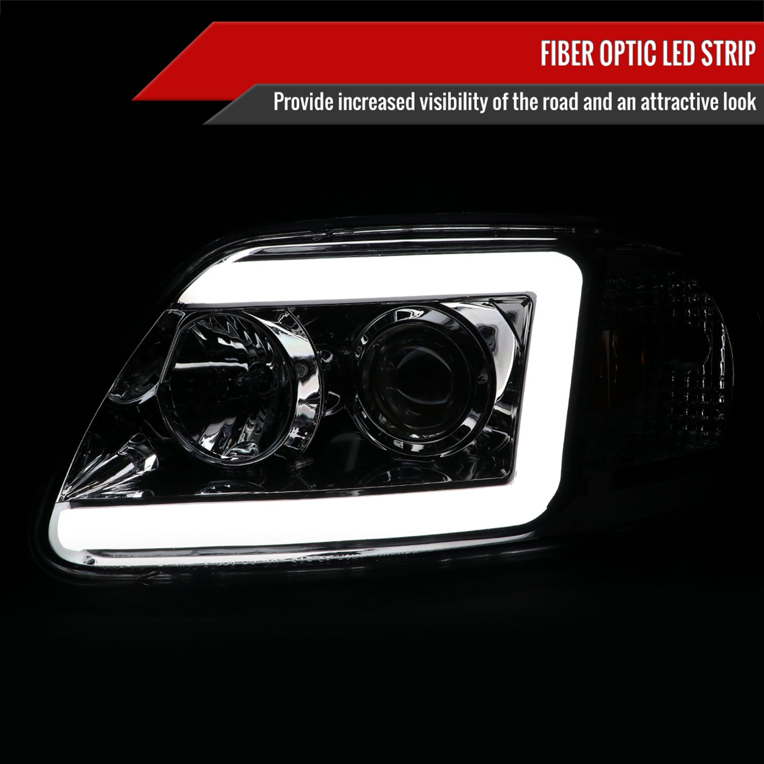 1997-2004 Ford F-150 / 97-2002 Expedition LED C-Bar Projector Headlights Chrome