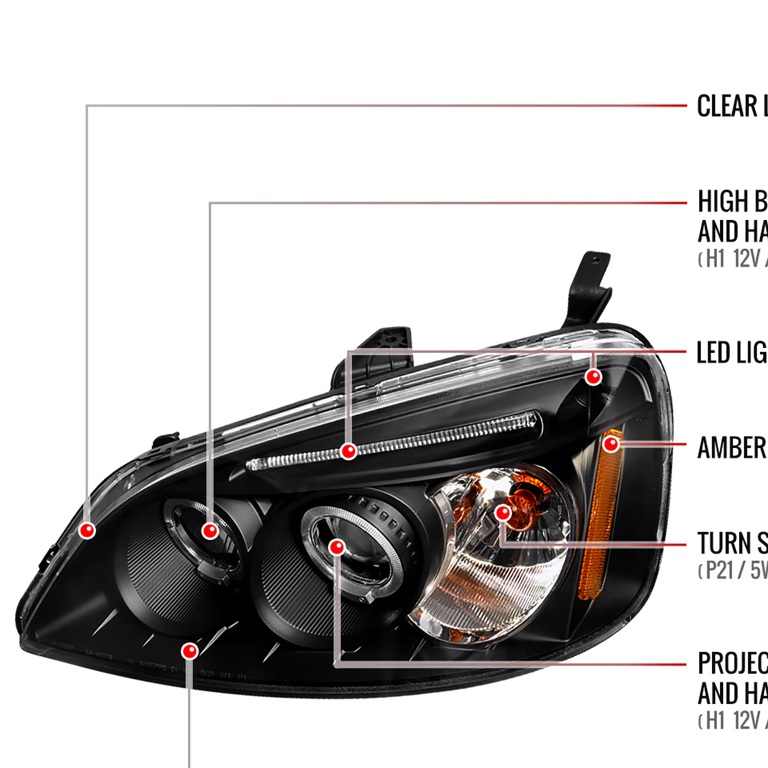 2001-2003 Honda Civic Dual Halo Projector Headlights Matte Black/Clear Lens