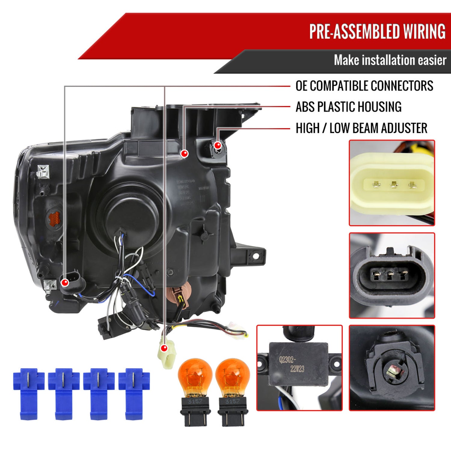2009-2014 Ford F-150 LED Strip Projector Headlights Matte Black/Clear Lens