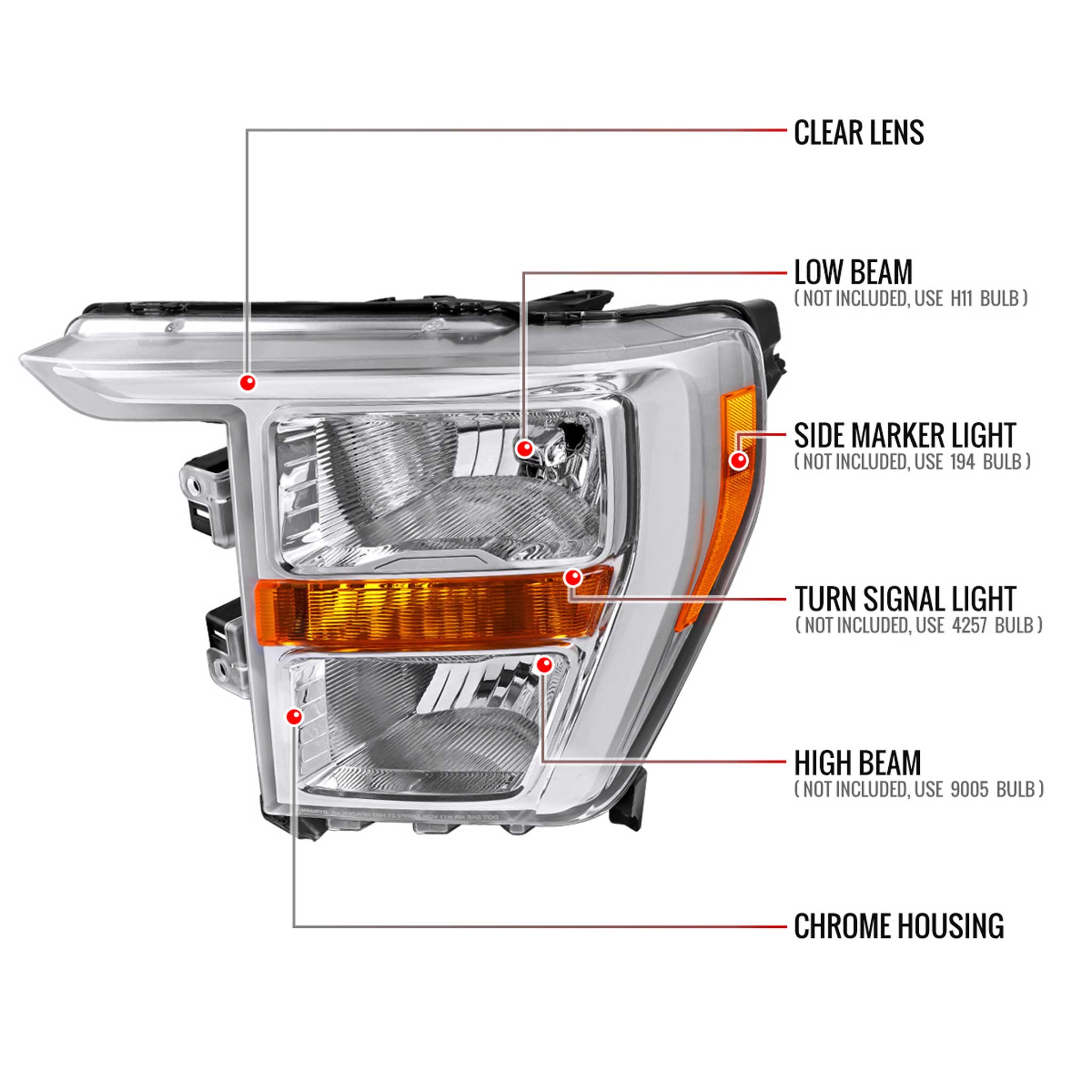 For Ford F-150 2021-2023 Factory Style Headlight Chrome Housing Clear Lens Driver Side Only